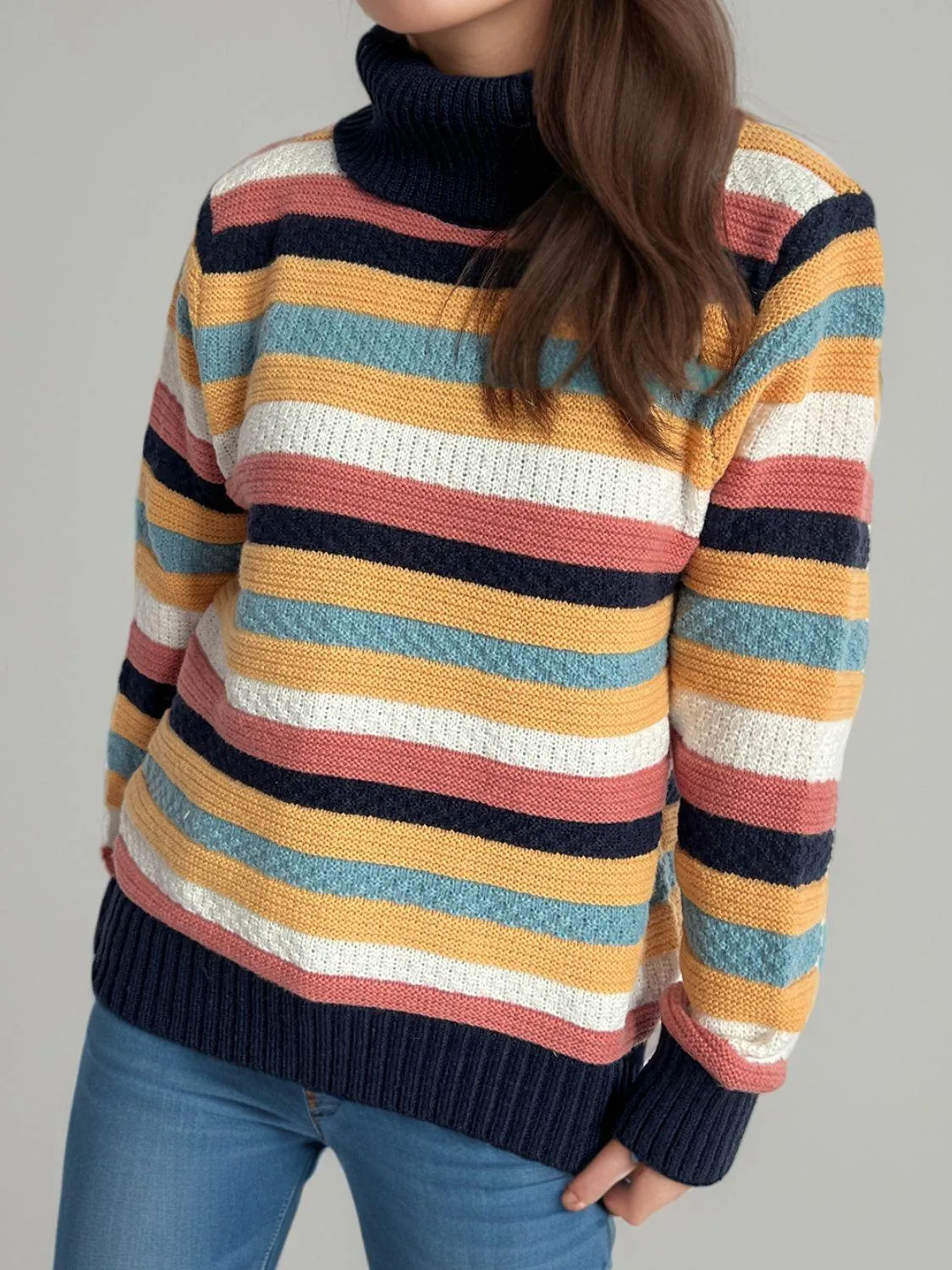 Contrast Stripes Turtleneck Long Sleeve Sweater winter fashion