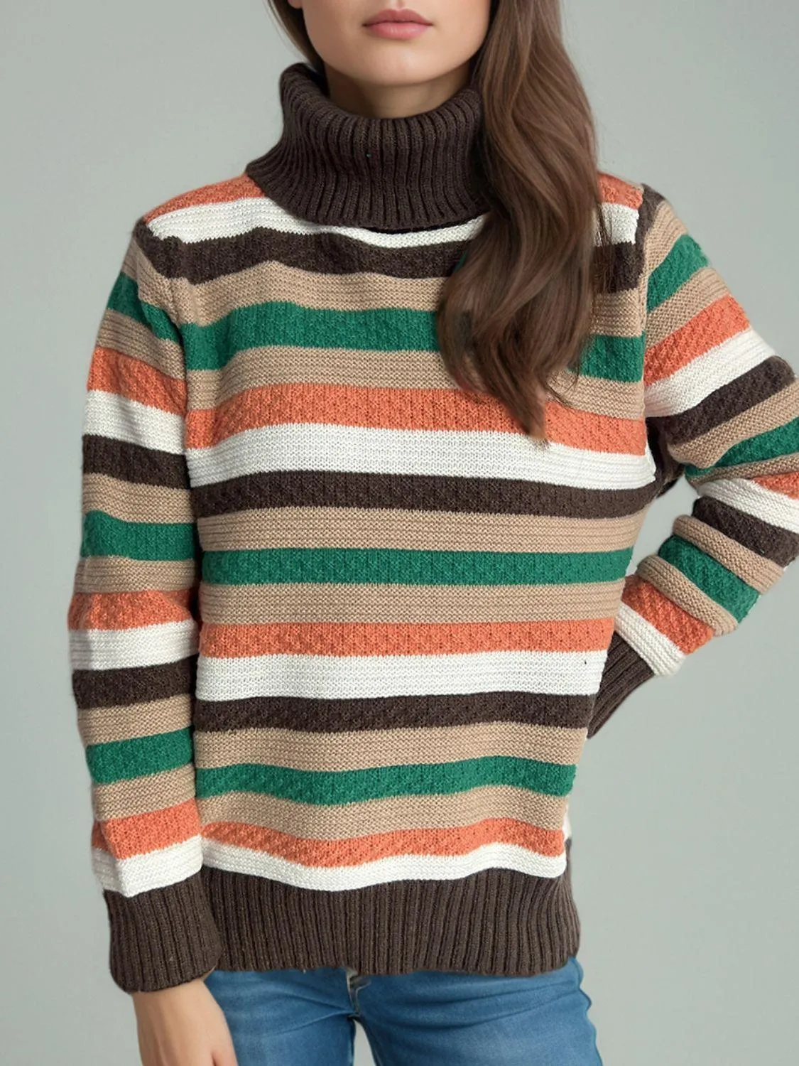 Contrast Stripes Turtleneck Long Sleeve Sweater winter fashion