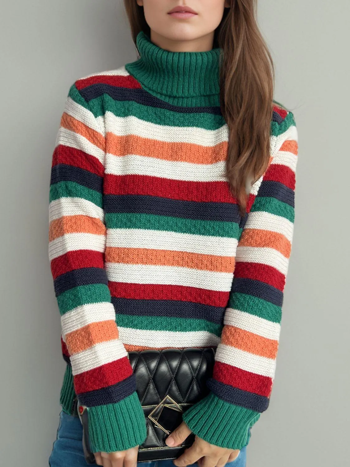 Contrast Stripes Turtleneck Long Sleeve Sweater winter fashion