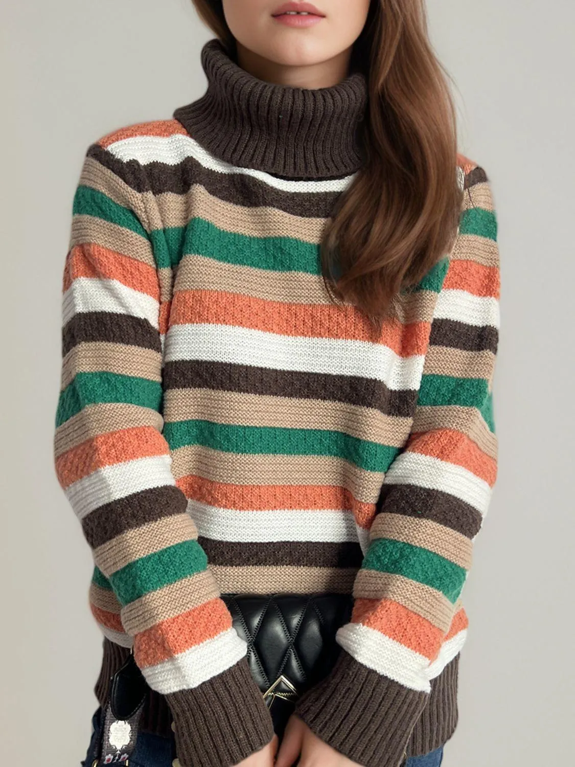 Contrast Stripes Turtleneck Long Sleeve Sweater winter fashion