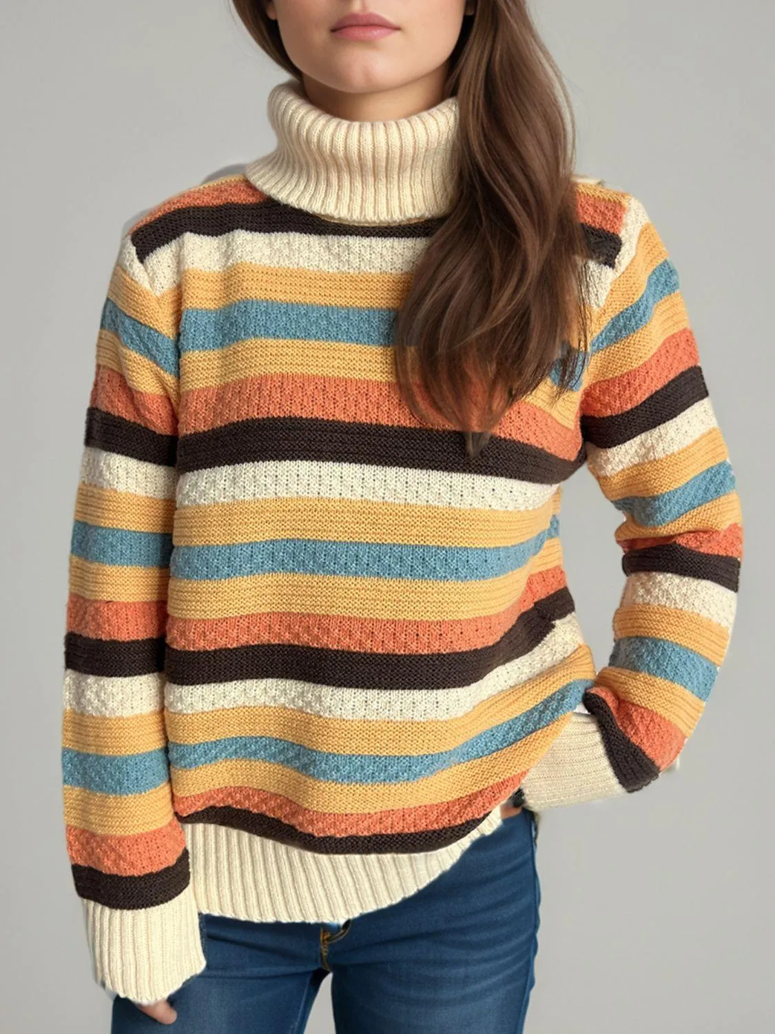 Contrast Stripes Turtleneck Long Sleeve Sweater winter fashion