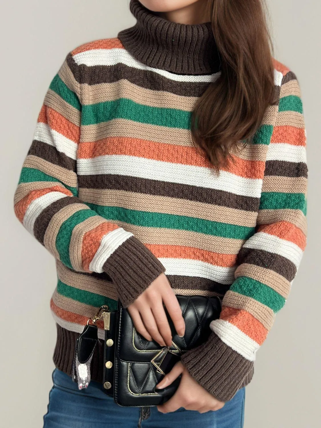 Contrast Stripes Turtleneck Long Sleeve Sweater winter fashion
