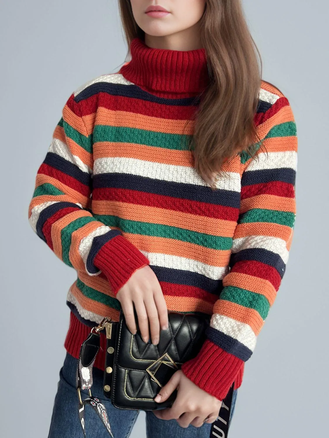 Contrast Stripes Turtleneck Long Sleeve Sweater winter fashion