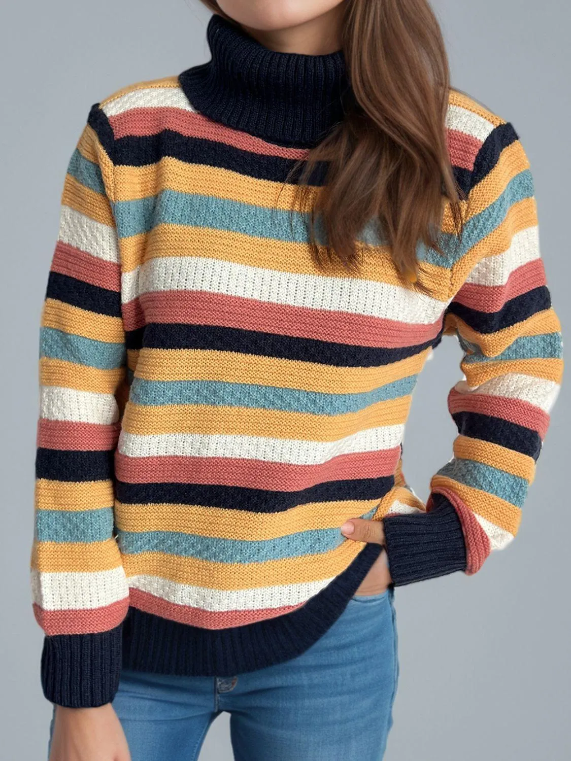 Contrast Stripes Turtleneck Long Sleeve Sweater winter fashion