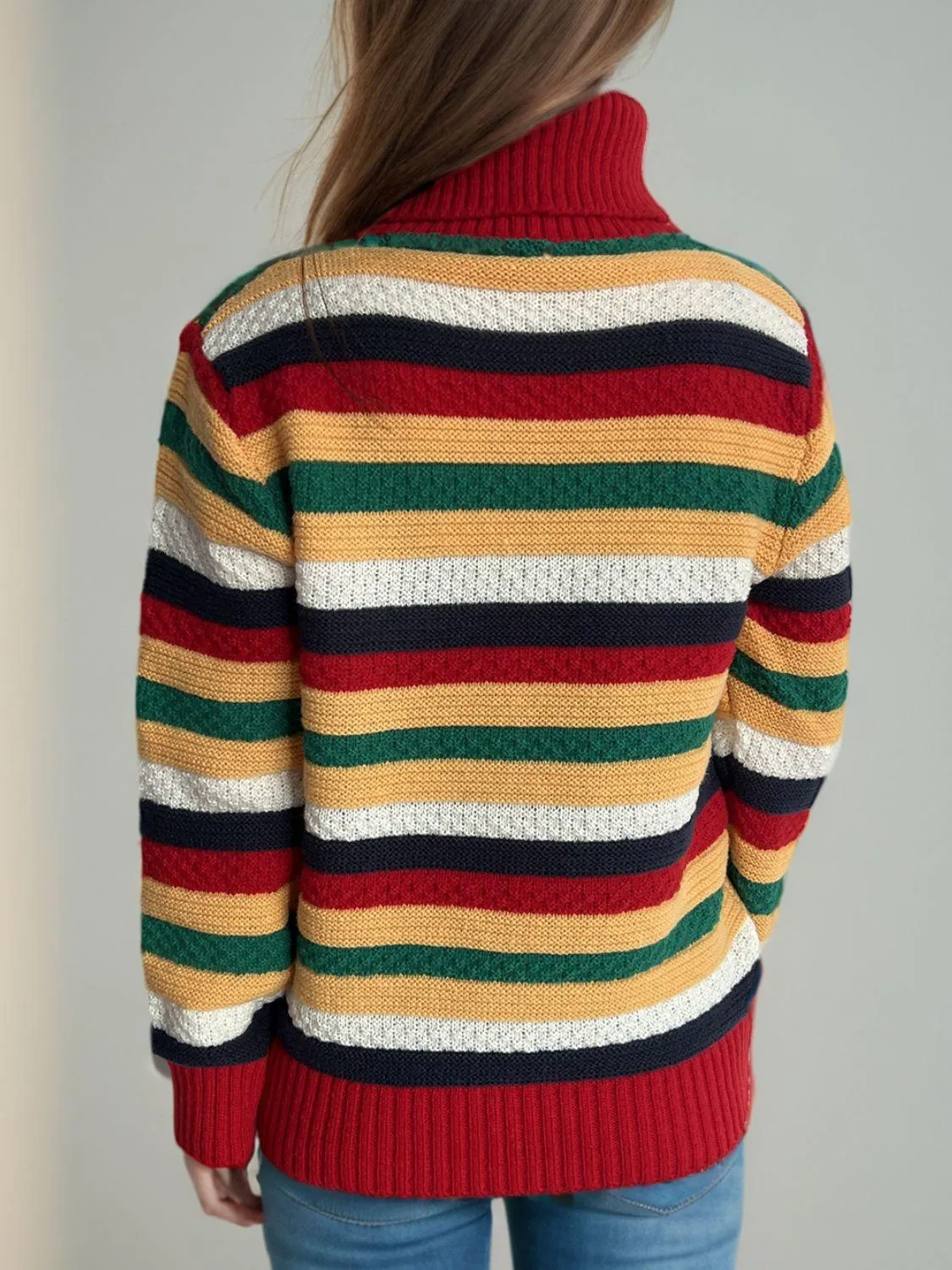 Contrast Stripes Turtleneck Long Sleeve Sweater winter fashion