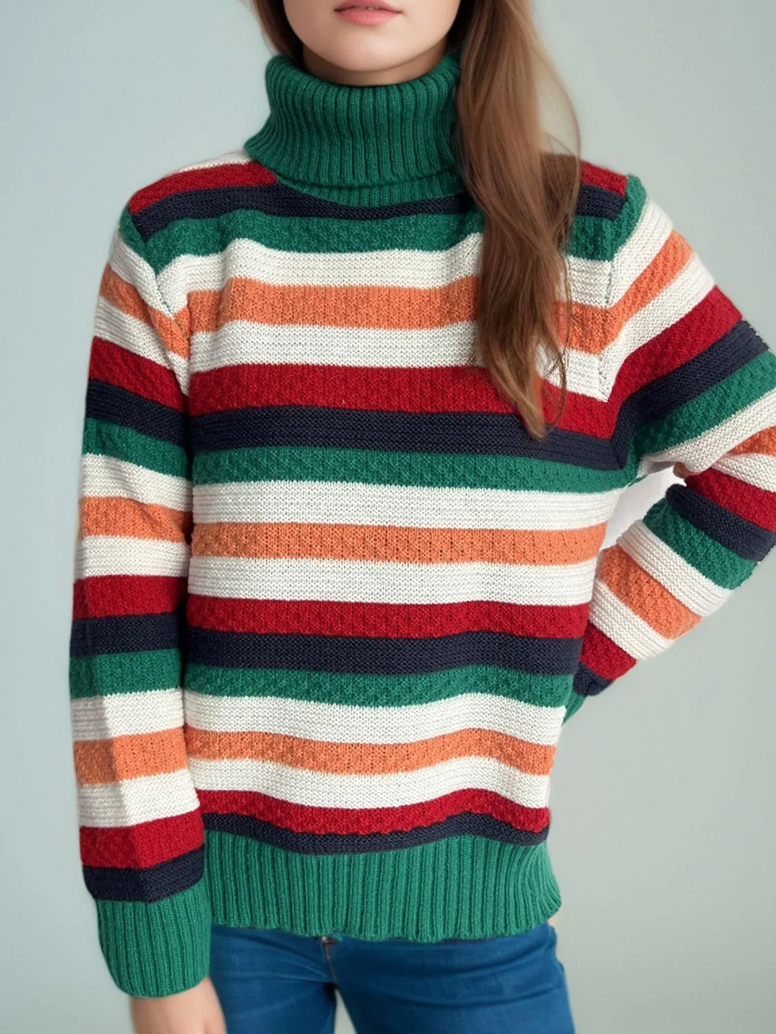 Contrast Stripes Turtleneck Long Sleeve Sweater winter fashion