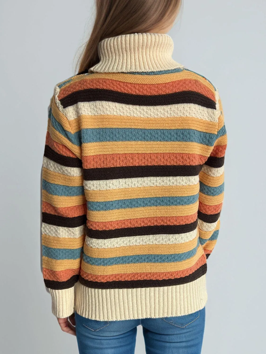 Contrast Stripes Turtleneck Long Sleeve Sweater winter fashion