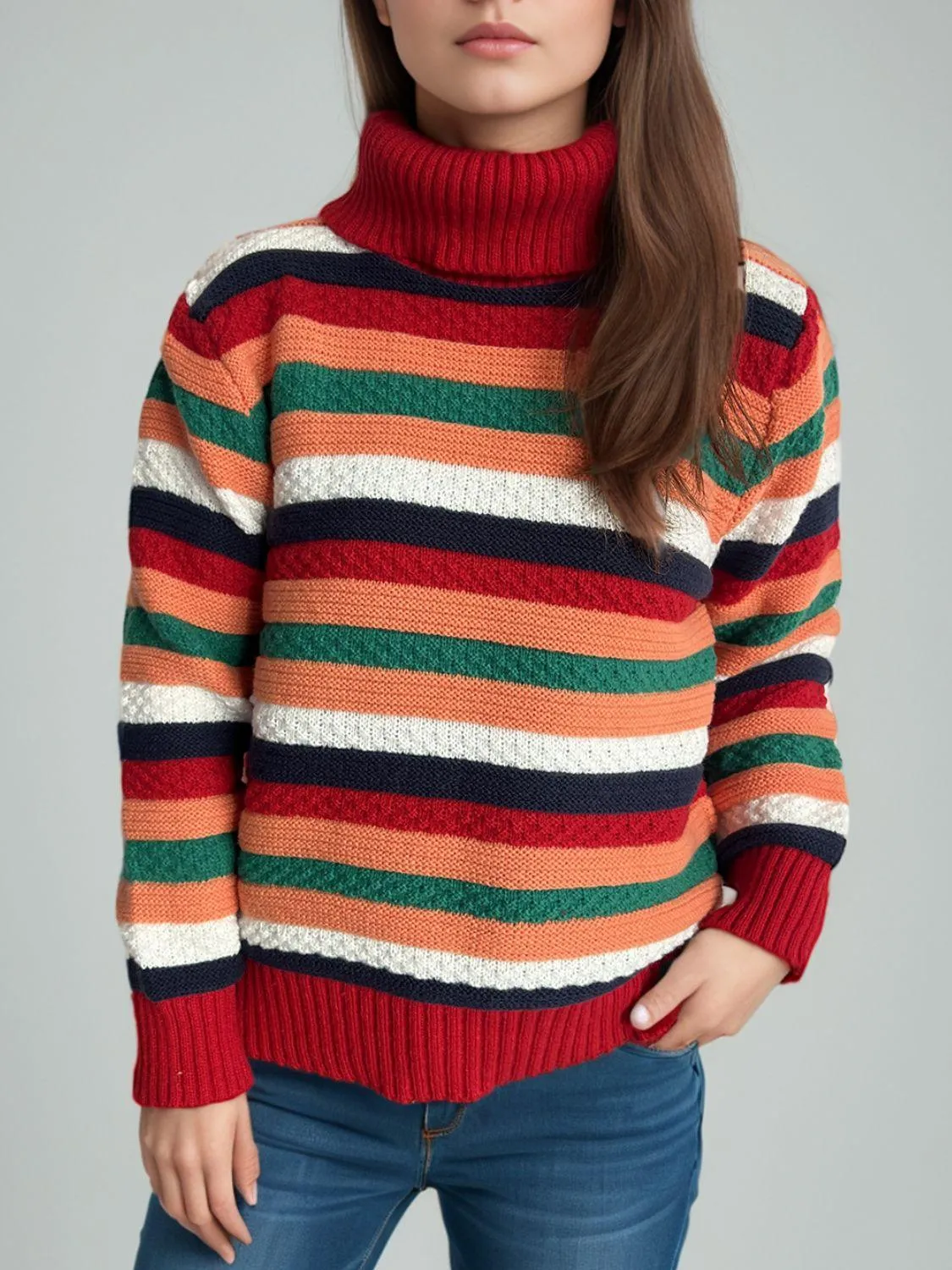 Contrast Stripes Turtleneck Long Sleeve Sweater winter fashion
