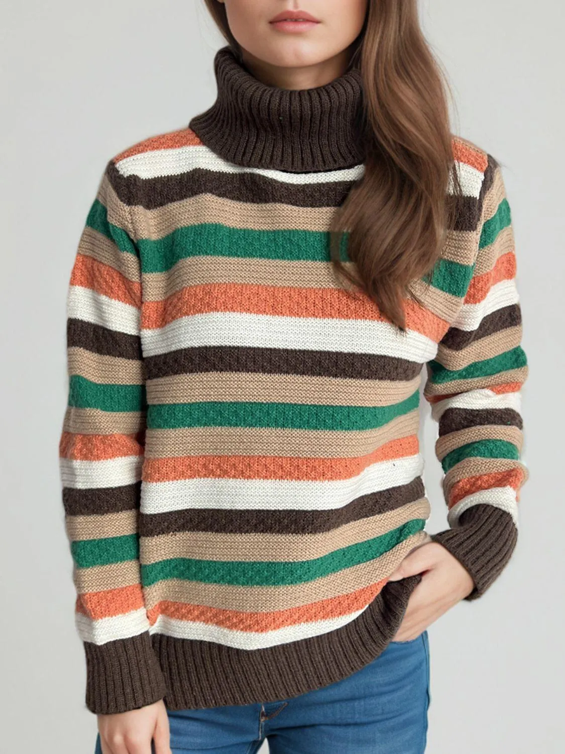 Contrast Stripes Turtleneck Long Sleeve Sweater winter fashion