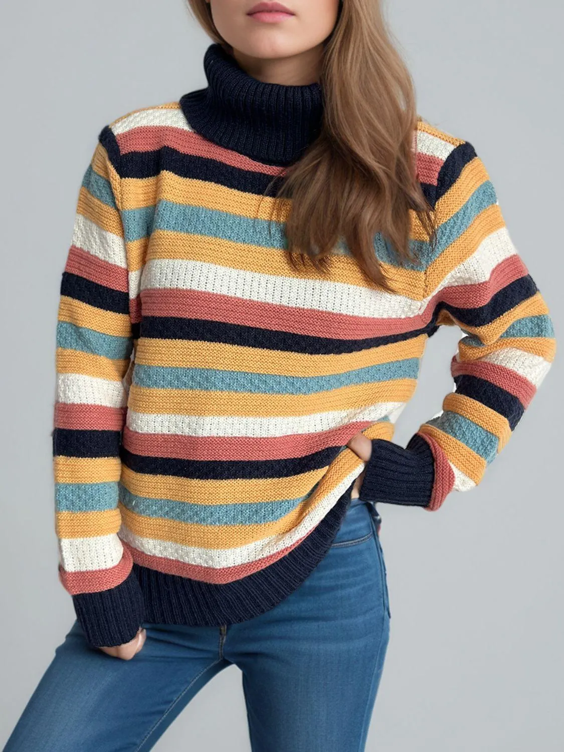 Contrast Stripes Turtleneck Long Sleeve Sweater winter fashion