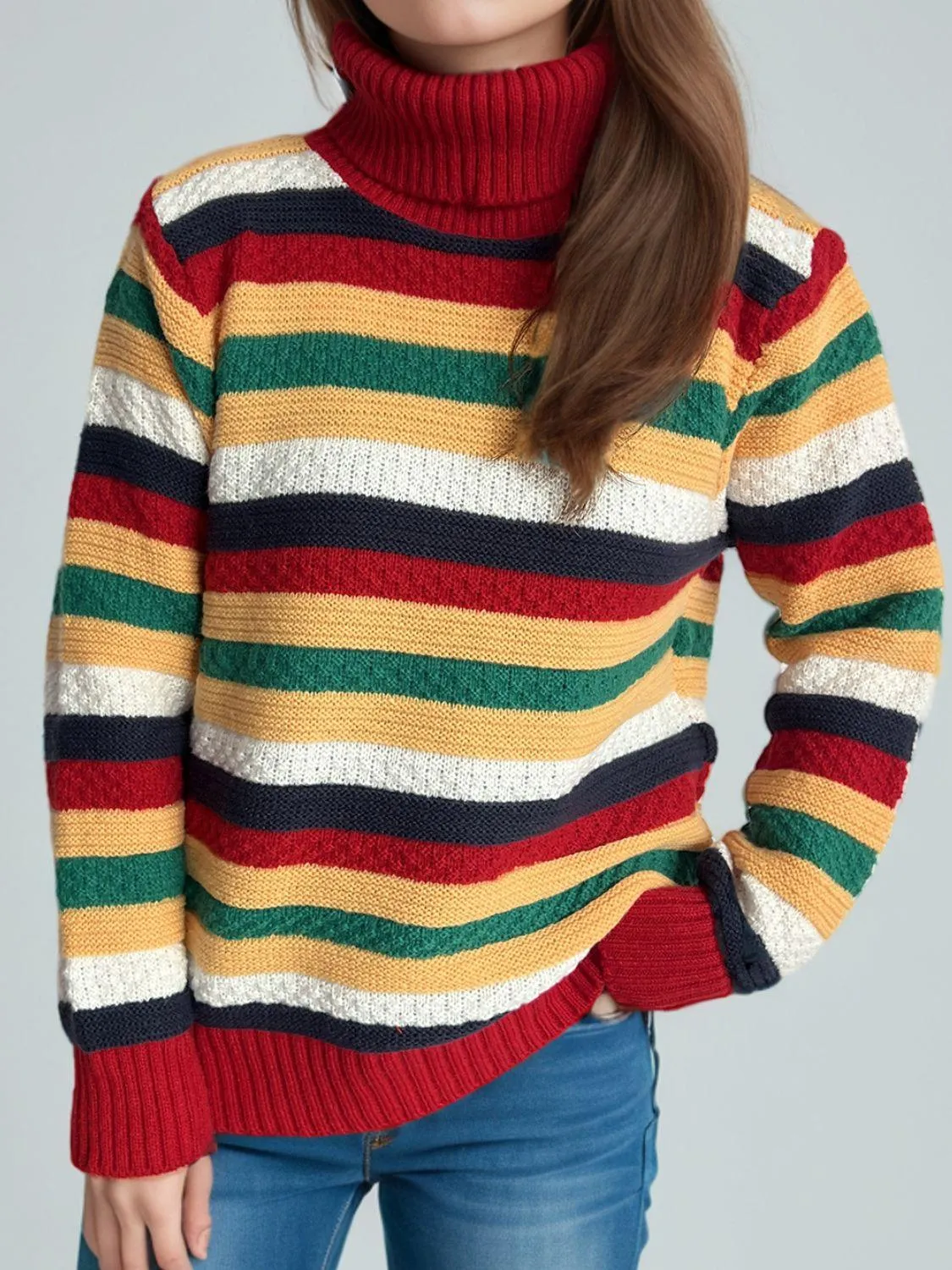 Contrast Stripes Turtleneck Long Sleeve Sweater winter fashion