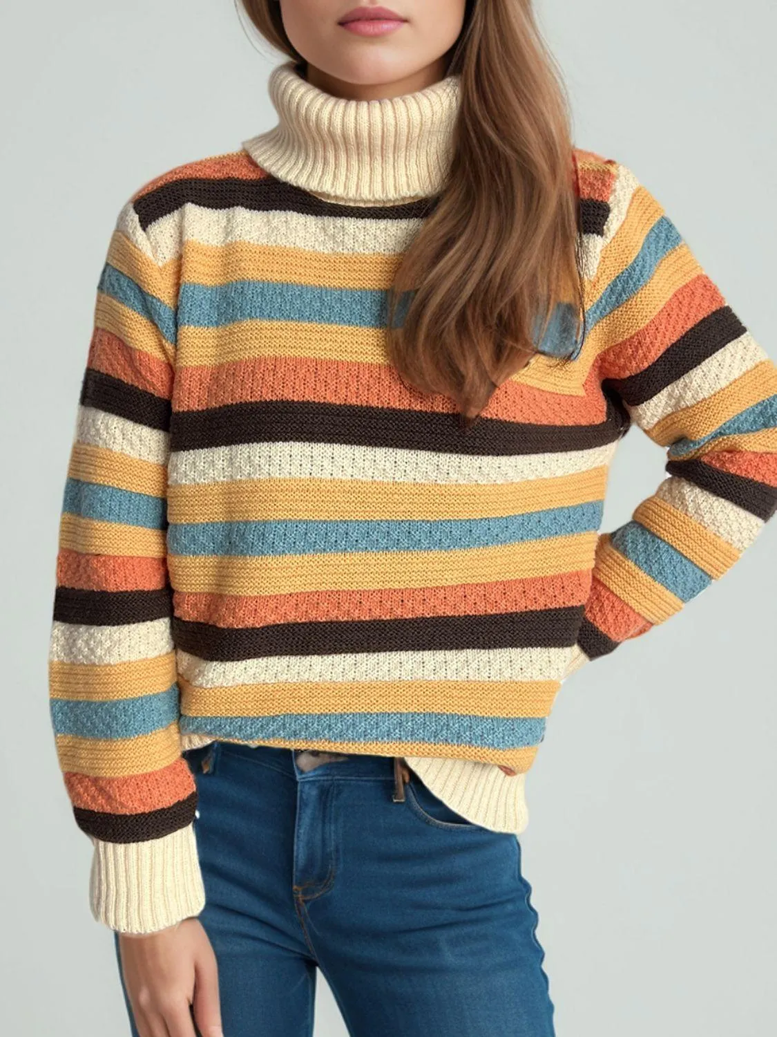 Contrast Stripes Turtleneck Long Sleeve Sweater winter fashion