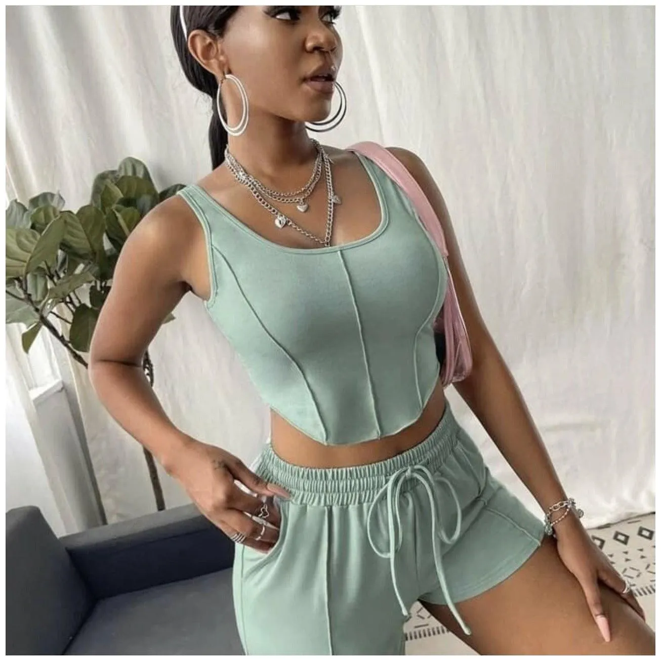Crop Tank Top Drawstring Waist Track Shorts Set