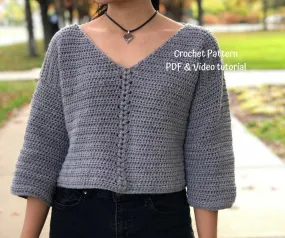 Cropped Crochet Pull Over Sweater Pattern PDF with follow along Video Tutorial