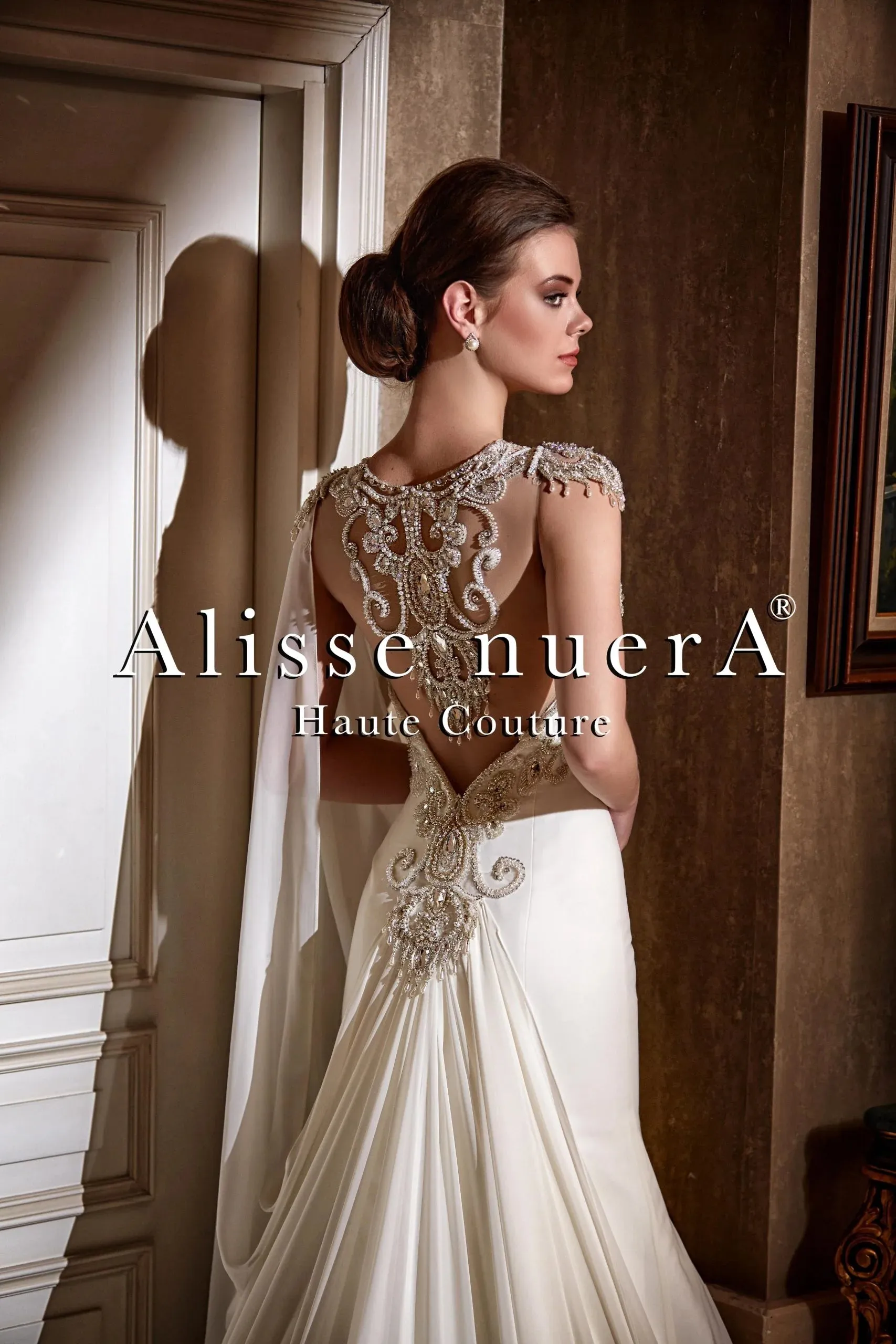 Crystal Embroidered Transparent Back Chiffon Wedding Dress with Removable Shoulder Cape