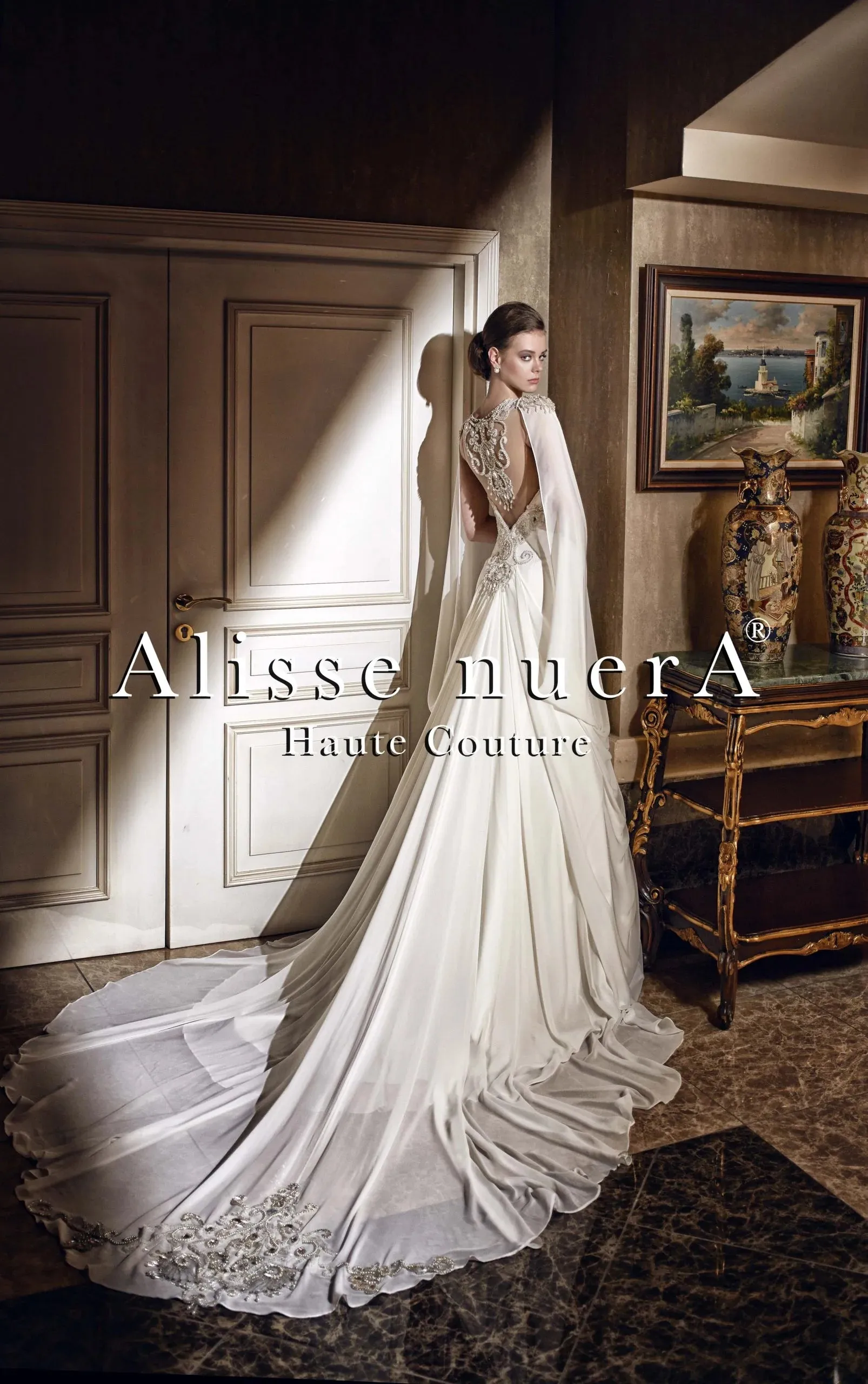Crystal Embroidered Transparent Back Chiffon Wedding Dress with Removable Shoulder Cape