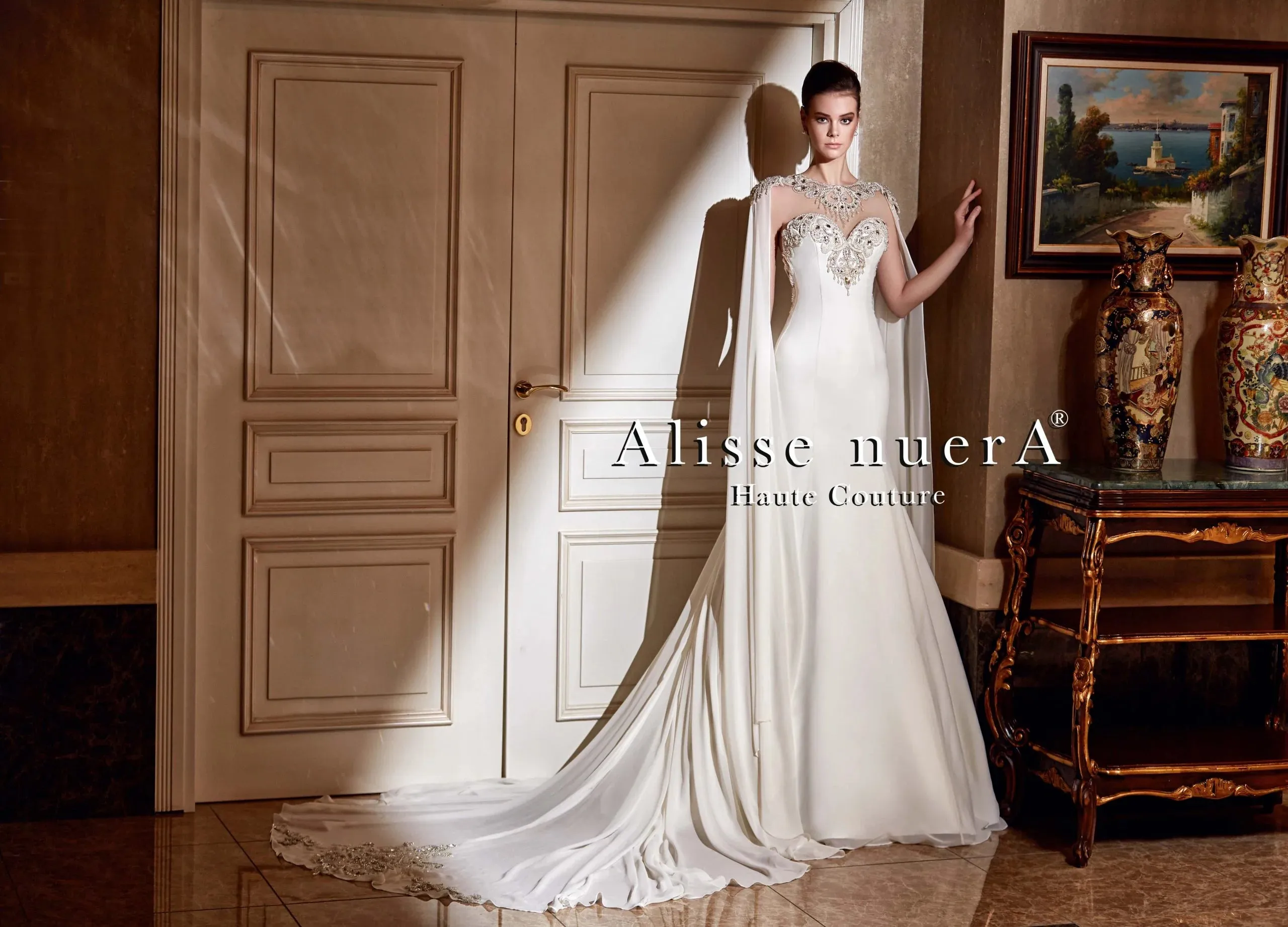 Crystal Embroidered Transparent Back Chiffon Wedding Dress with Removable Shoulder Cape