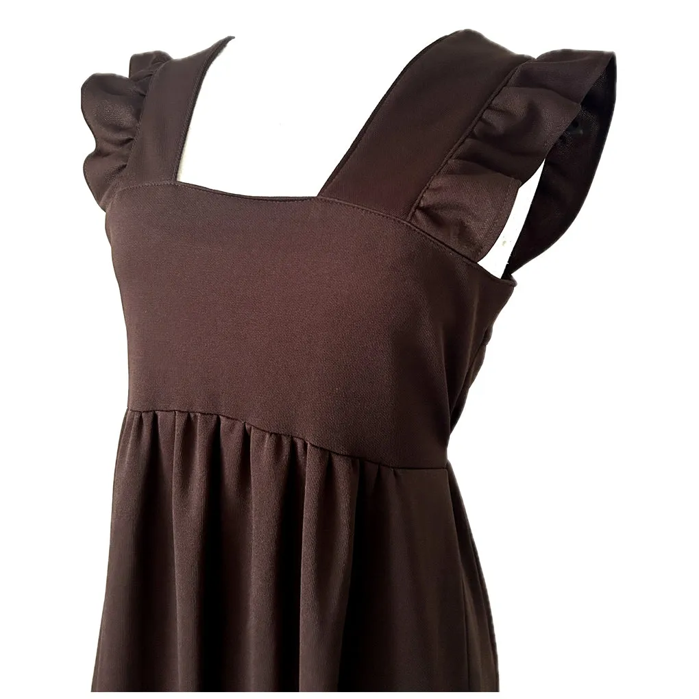 Dark brown vintage 1970s frill sleeve pinafore maxi dress