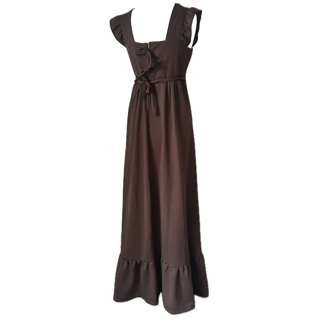 Dark brown vintage 1970s frill sleeve pinafore maxi dress