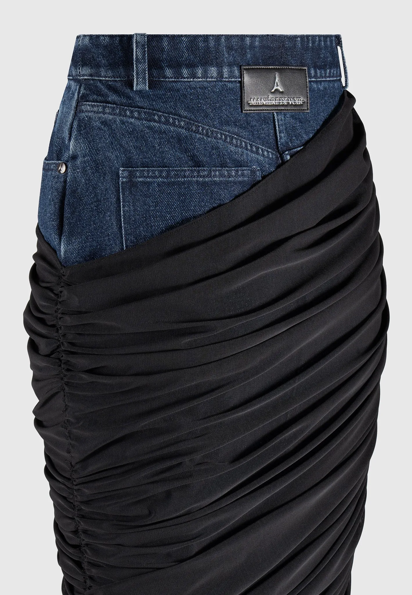 Draped Mesh Denim Maxi Skirt