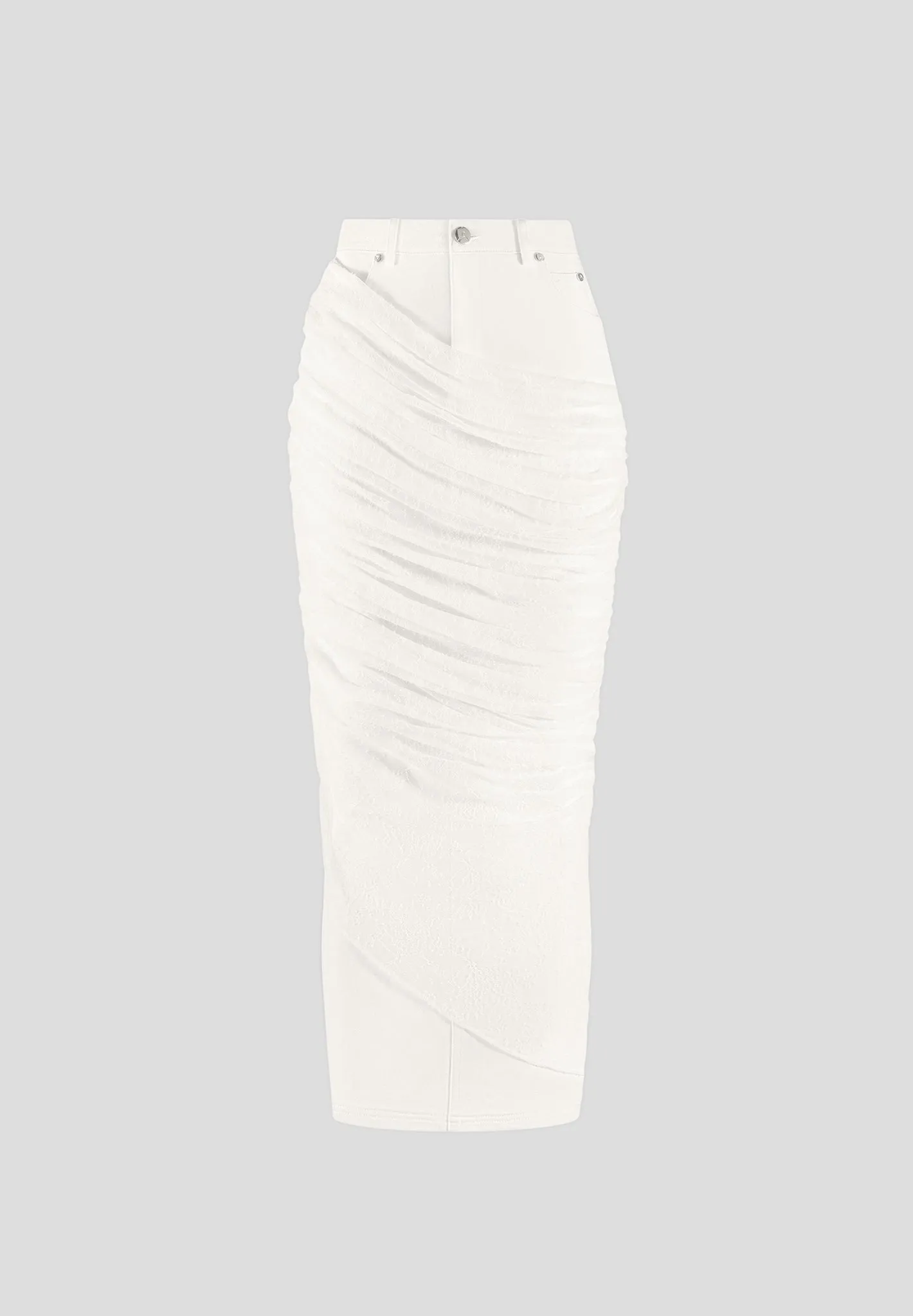 Draped Mesh Denim Maxi Skirt