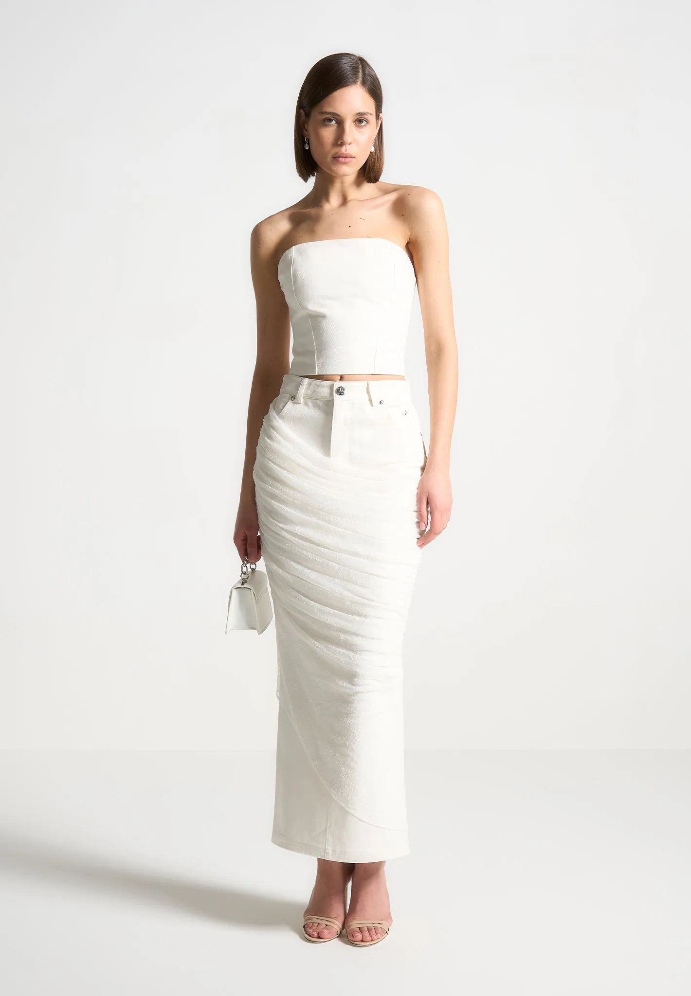 Draped Mesh Denim Maxi Skirt