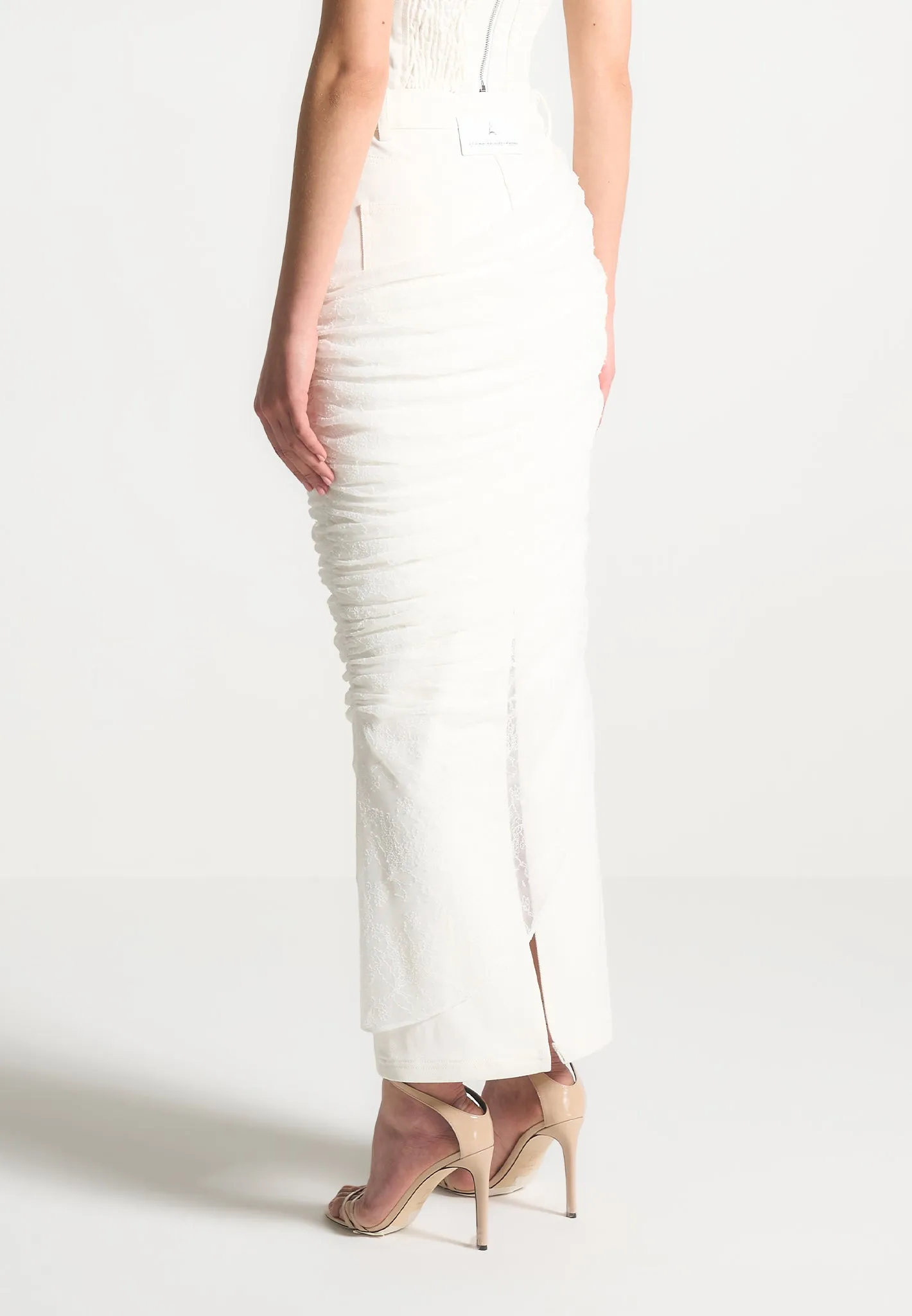 Draped Mesh Denim Maxi Skirt