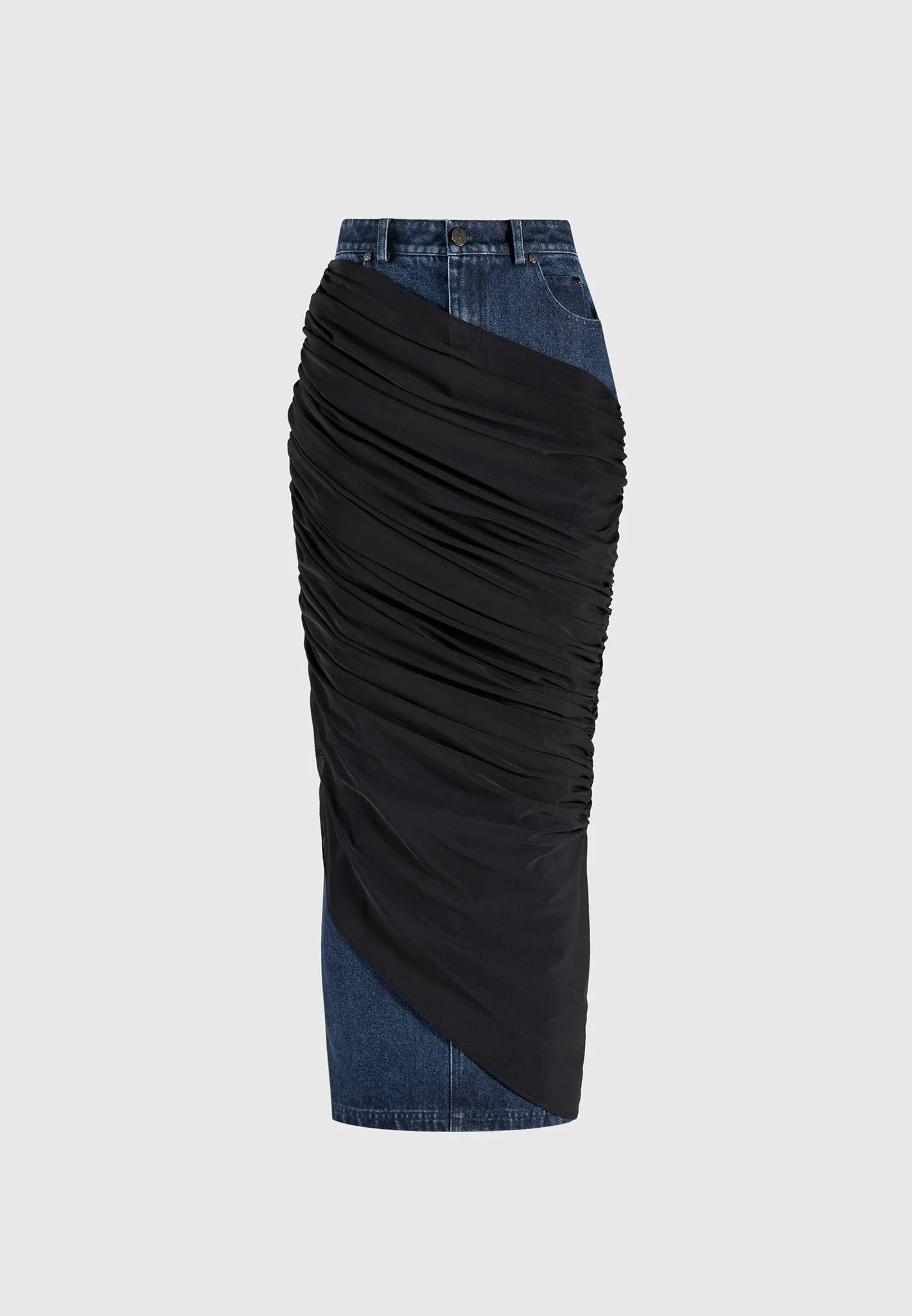 Draped Mesh Denim Maxi Skirt