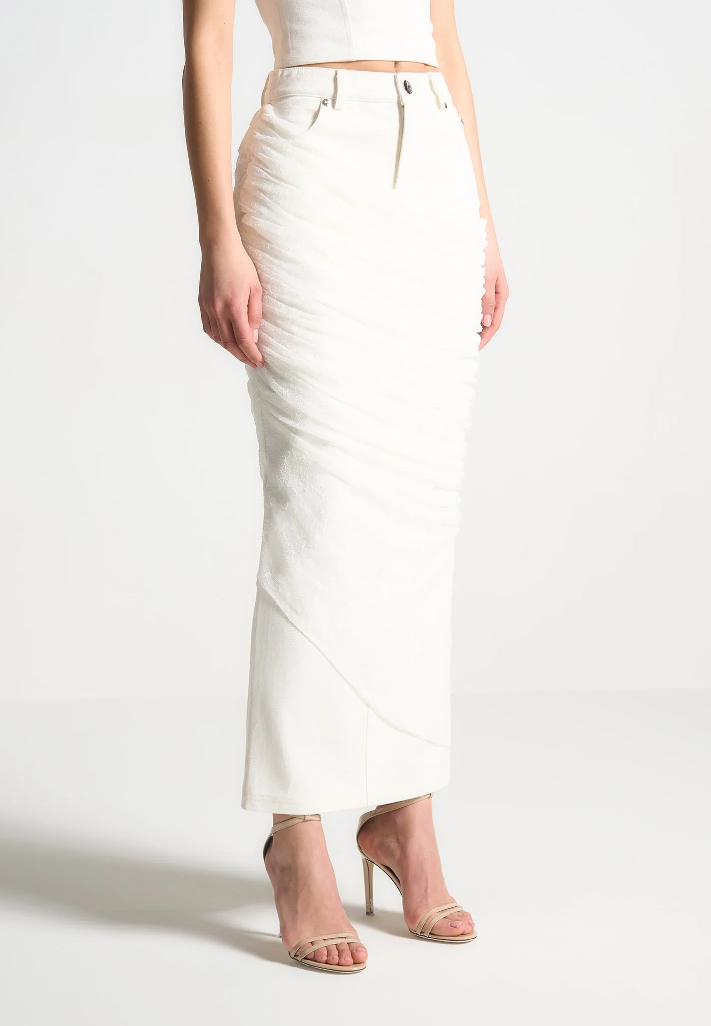 Draped Mesh Denim Maxi Skirt
