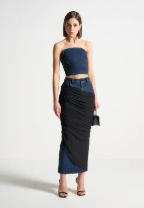 Draped Mesh Denim Maxi Skirt