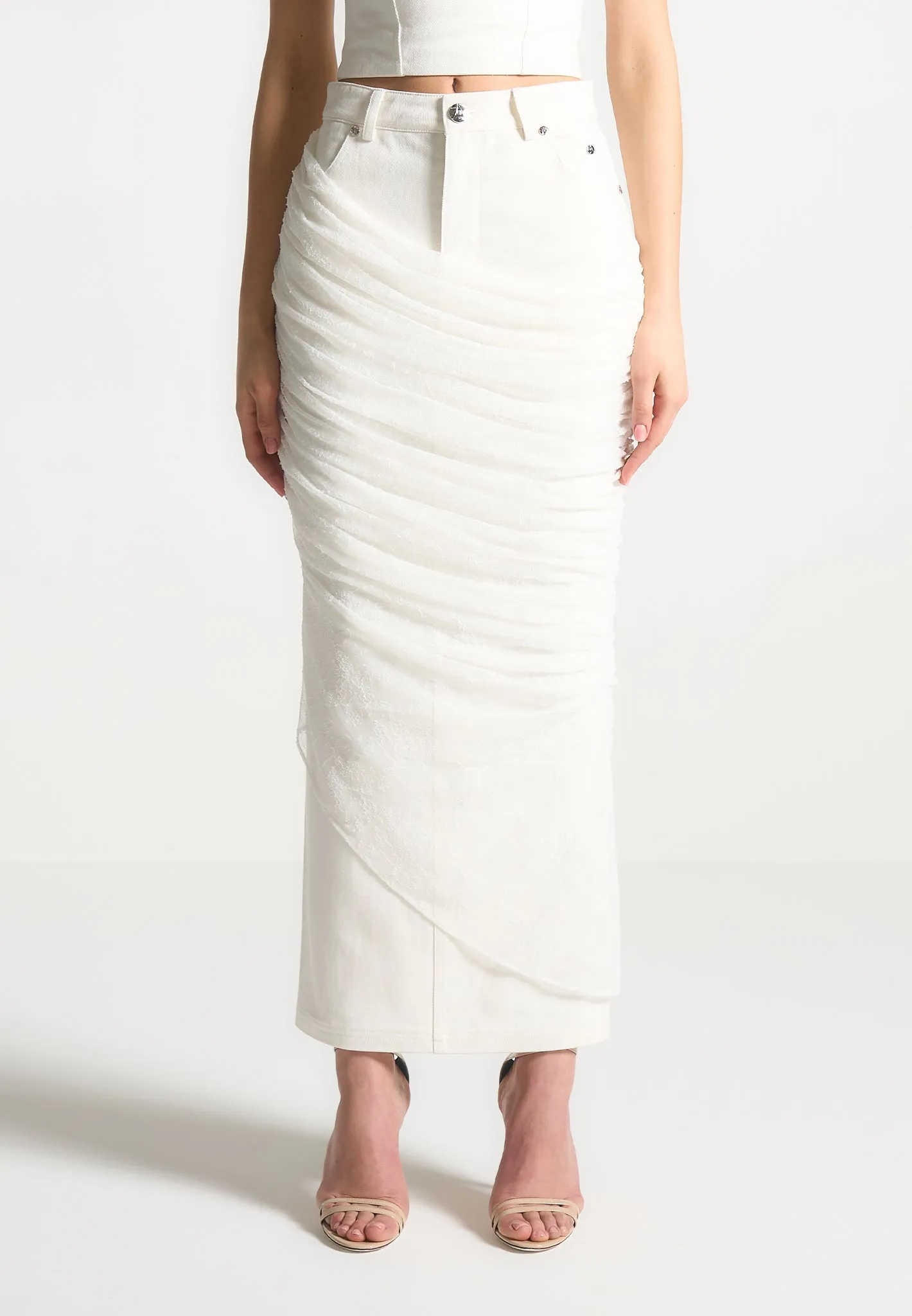 Draped Mesh Denim Maxi Skirt
