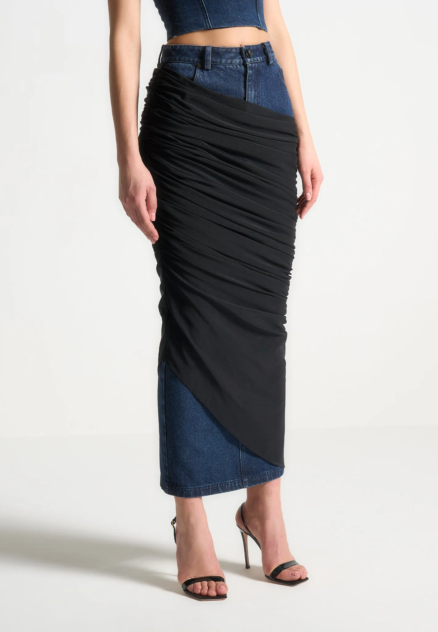 Draped Mesh Denim Maxi Skirt