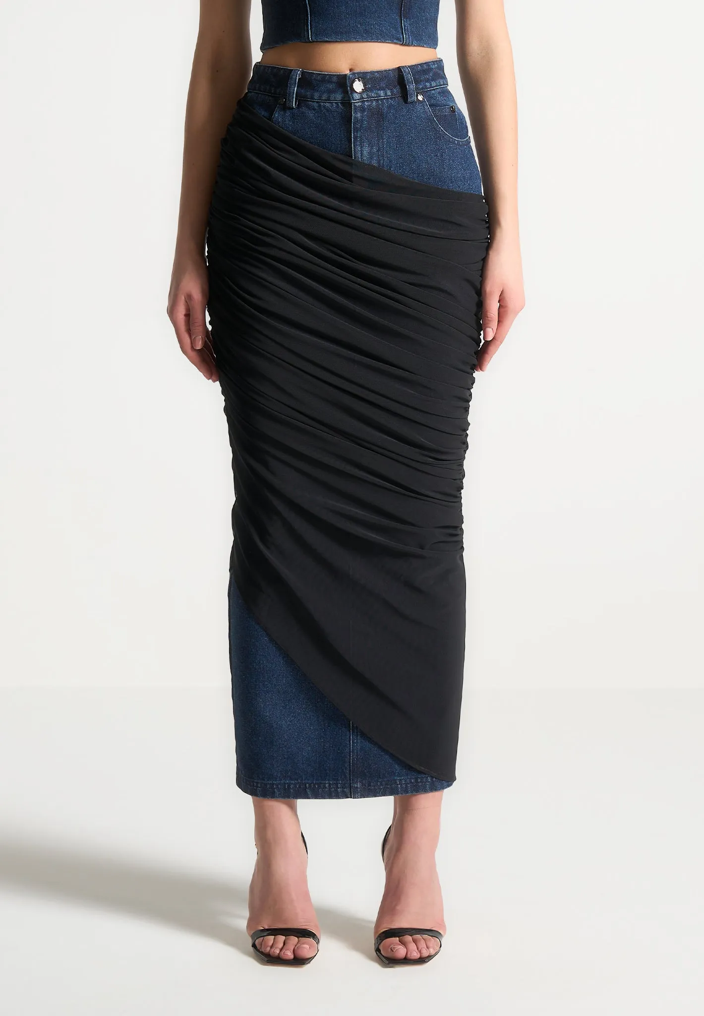 Draped Mesh Denim Maxi Skirt