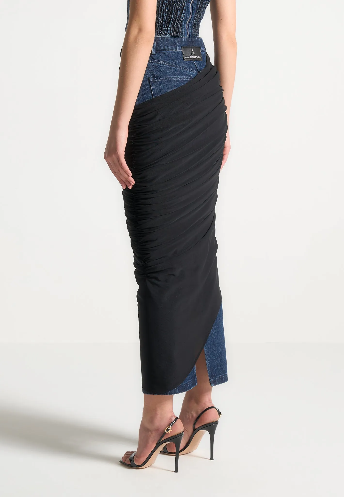 Draped Mesh Denim Maxi Skirt