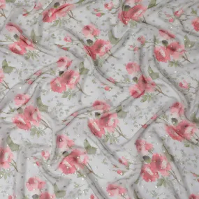 Floral Silk Chiffon Fabric with Metallic Lurex - 110cm Wide, Pink Blossoms, South Korean Made, Buy Online by Meter-D18165