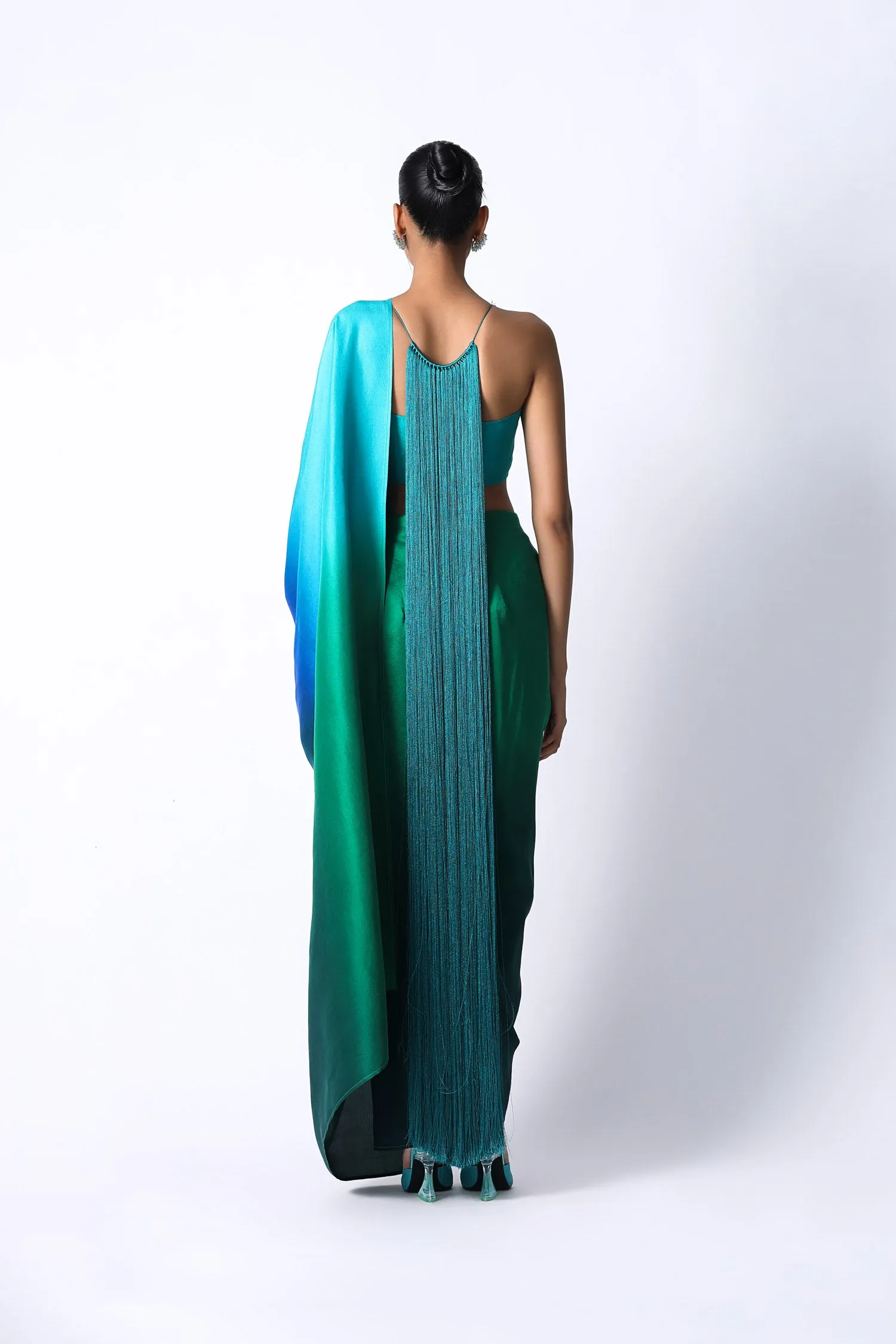 Fringe Pallu Blouse with Ombré Masai Godet Sari