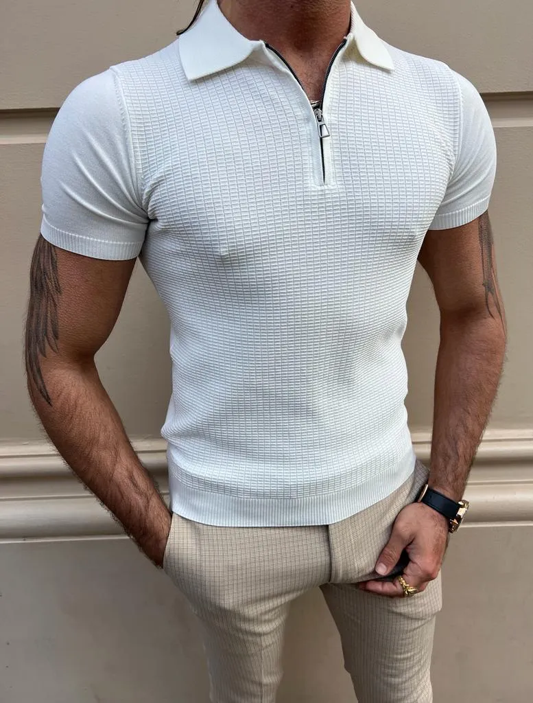 GentWith Pierre White Slim Fit Zipper Polo T-Shirt - GENT WITH