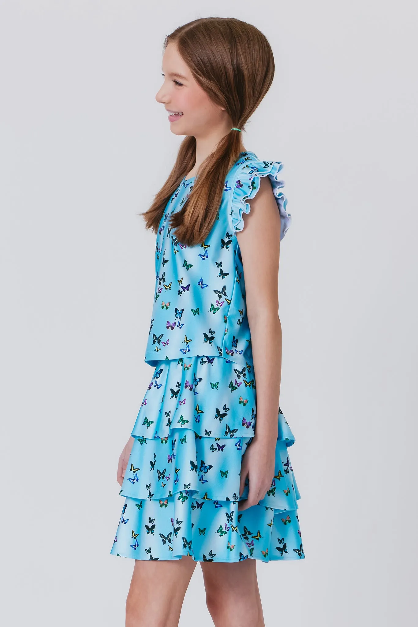 Girls Hi-Shine Ruffle Crop Top in Butterfly Sky