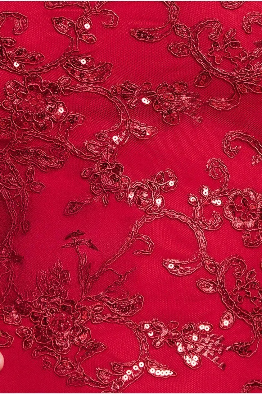 Goddiva Scalloped Cape Open Back Lace & Sequin Maxi Dress - Red