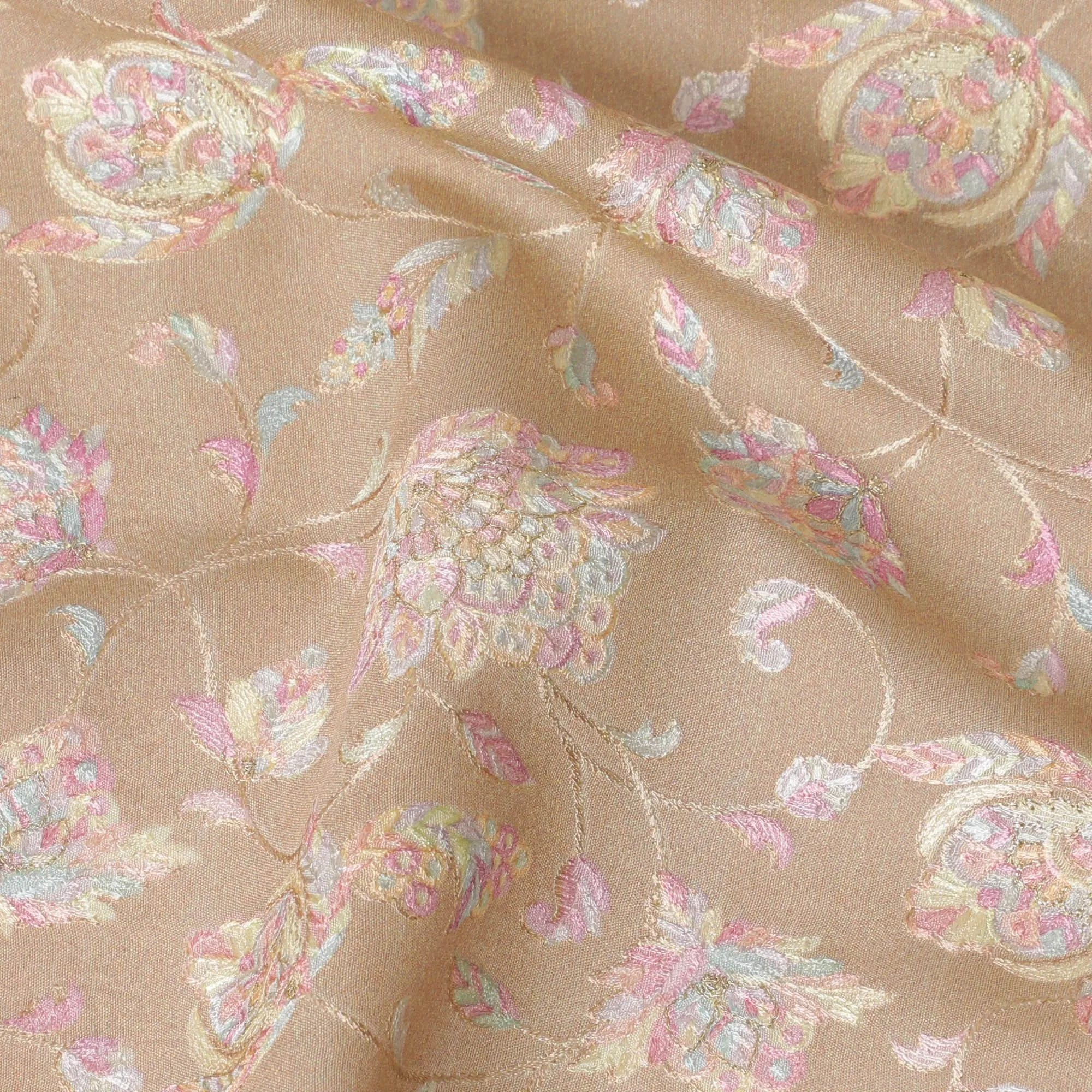 Gold Premium pure cotton silk fabric with multicolor embroidery in floral design-D16863