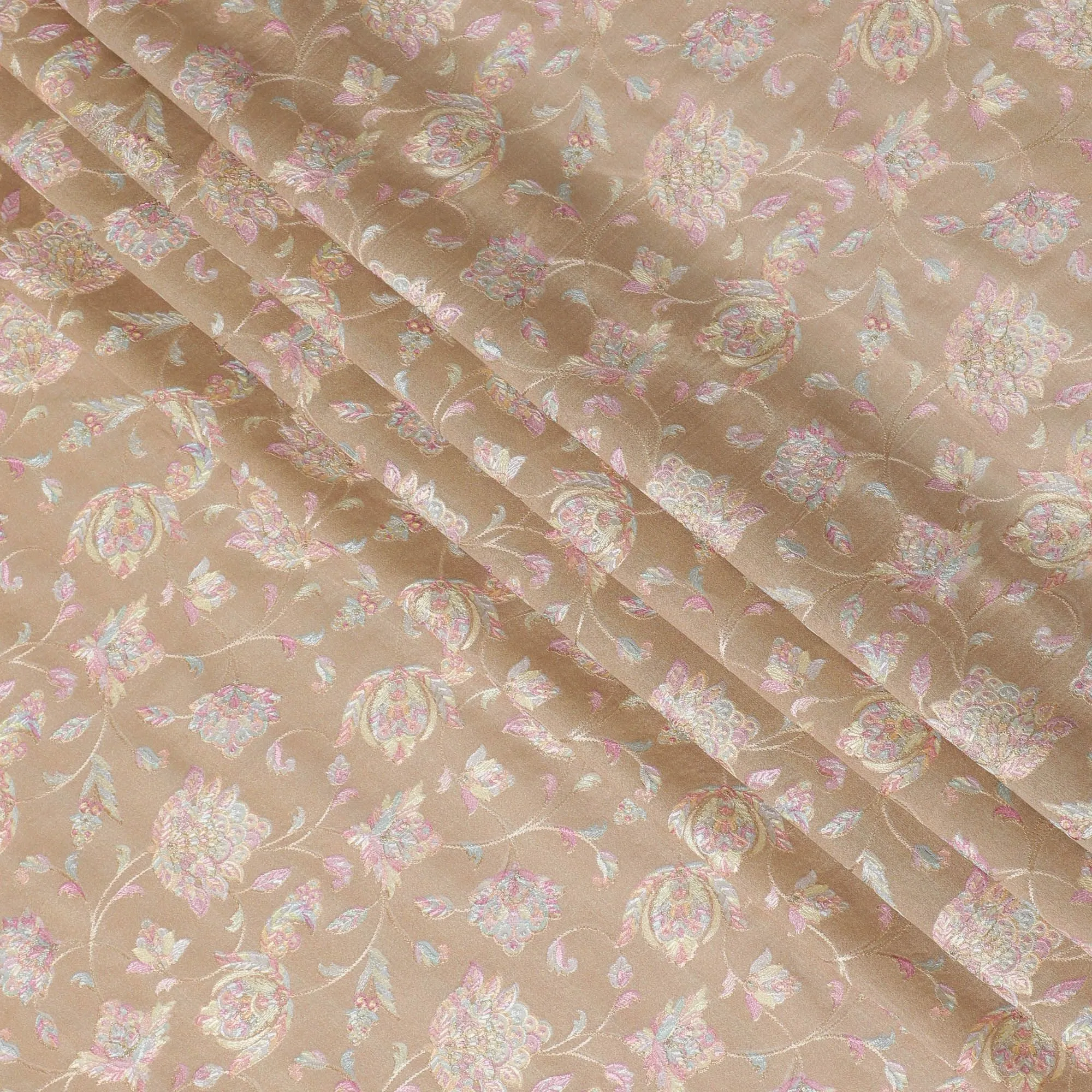 Gold Premium pure cotton silk fabric with multicolor embroidery in floral design-D16863