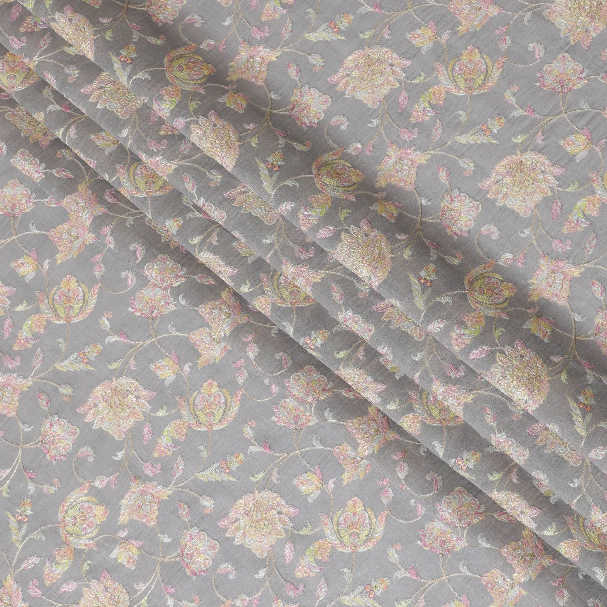 Grey Premium pure cotton silk fabric with multicolor embroidery in floral design-D16864