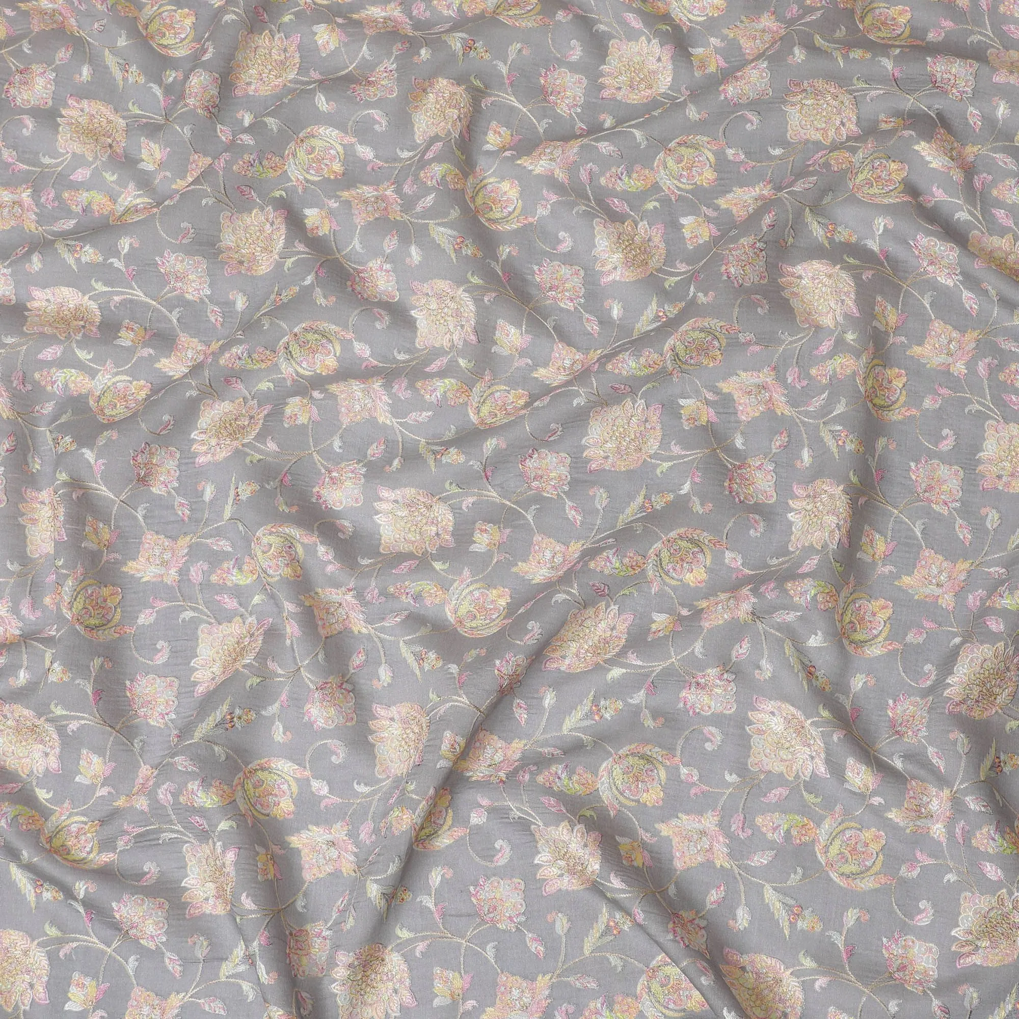 Grey Premium pure cotton silk fabric with multicolor embroidery in floral design-D16864