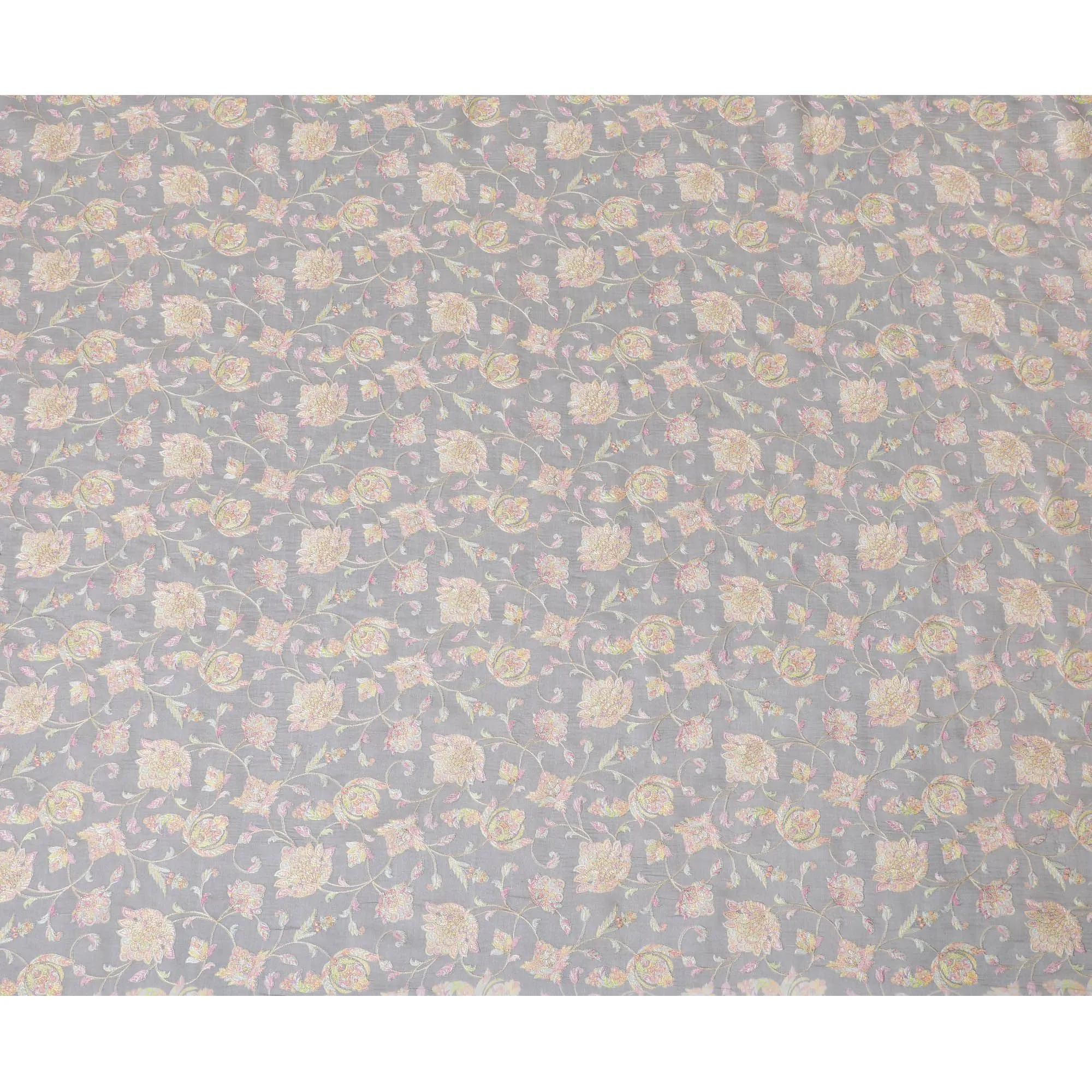 Grey Premium pure cotton silk fabric with multicolor embroidery in floral design-D16864
