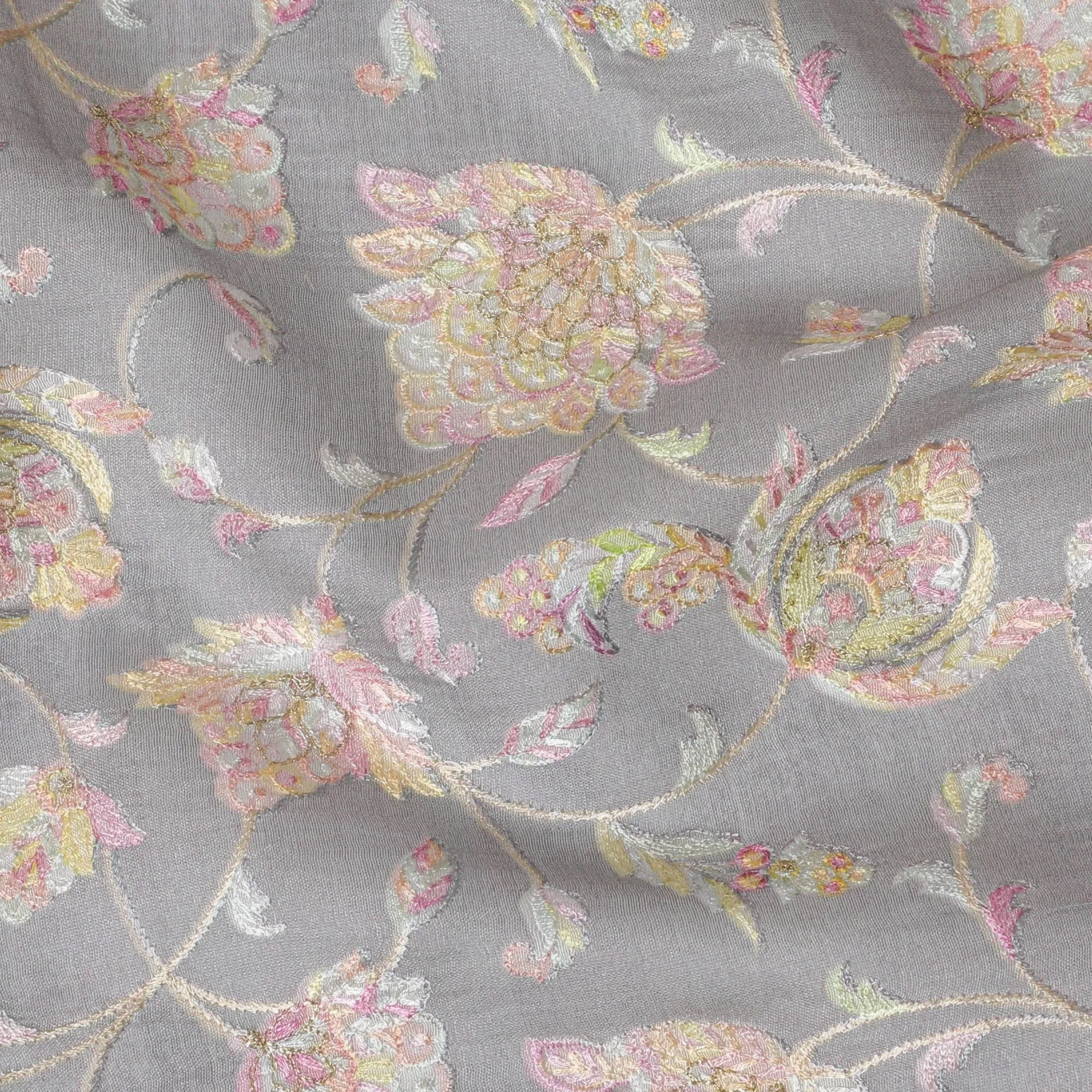 Grey Premium pure cotton silk fabric with multicolor embroidery in floral design-D16864