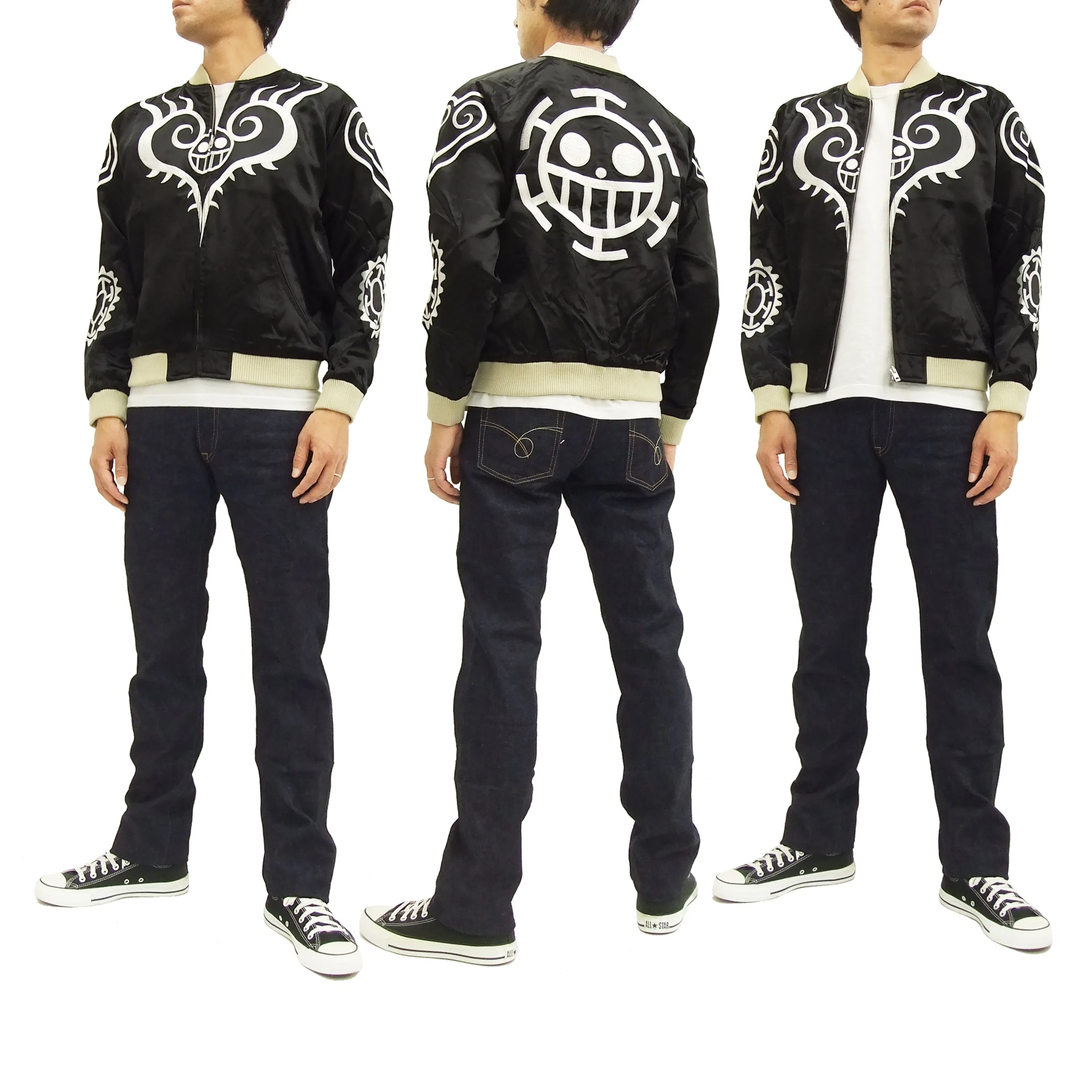 Hanatabi Gakudan Men's Japanese Souvenir Jacket Japanese ONE PIECE Sukajan Script OPSJ-003 Black