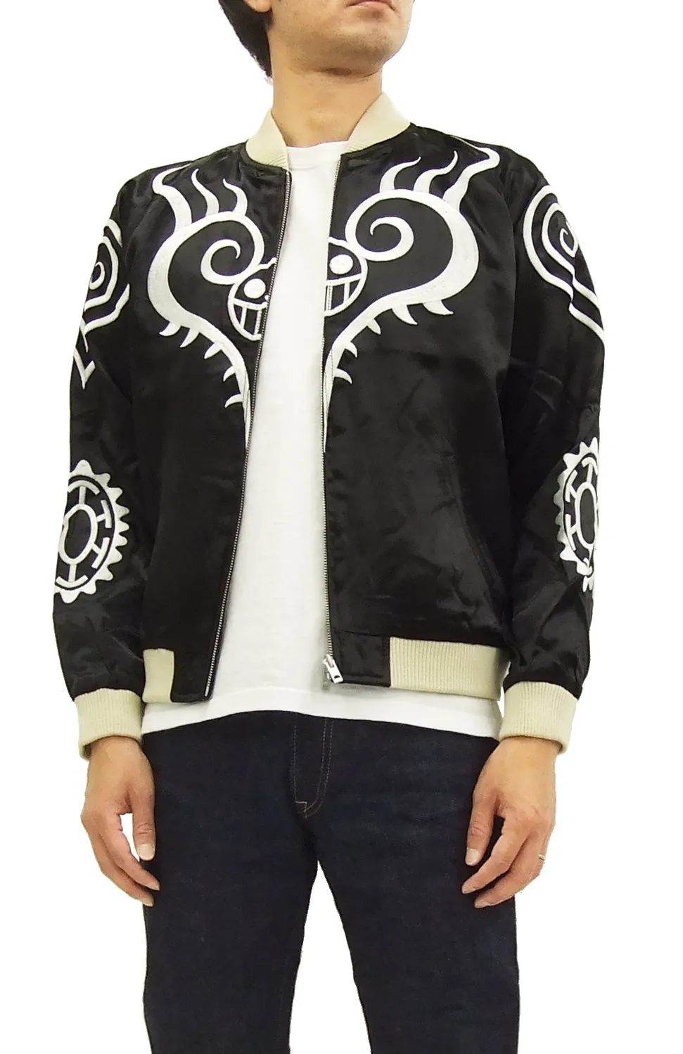 Hanatabi Gakudan Men's Japanese Souvenir Jacket Japanese ONE PIECE Sukajan Script OPSJ-003 Black