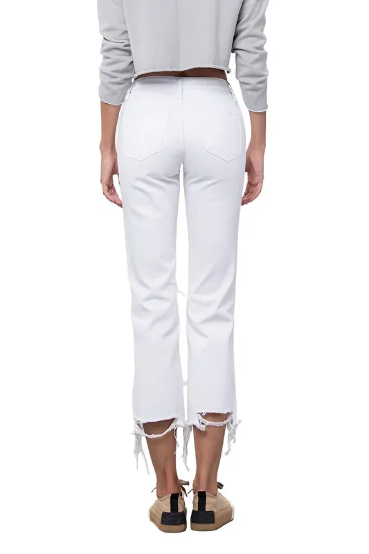 High Waist Ripped Frayed Hem Straight Jeans