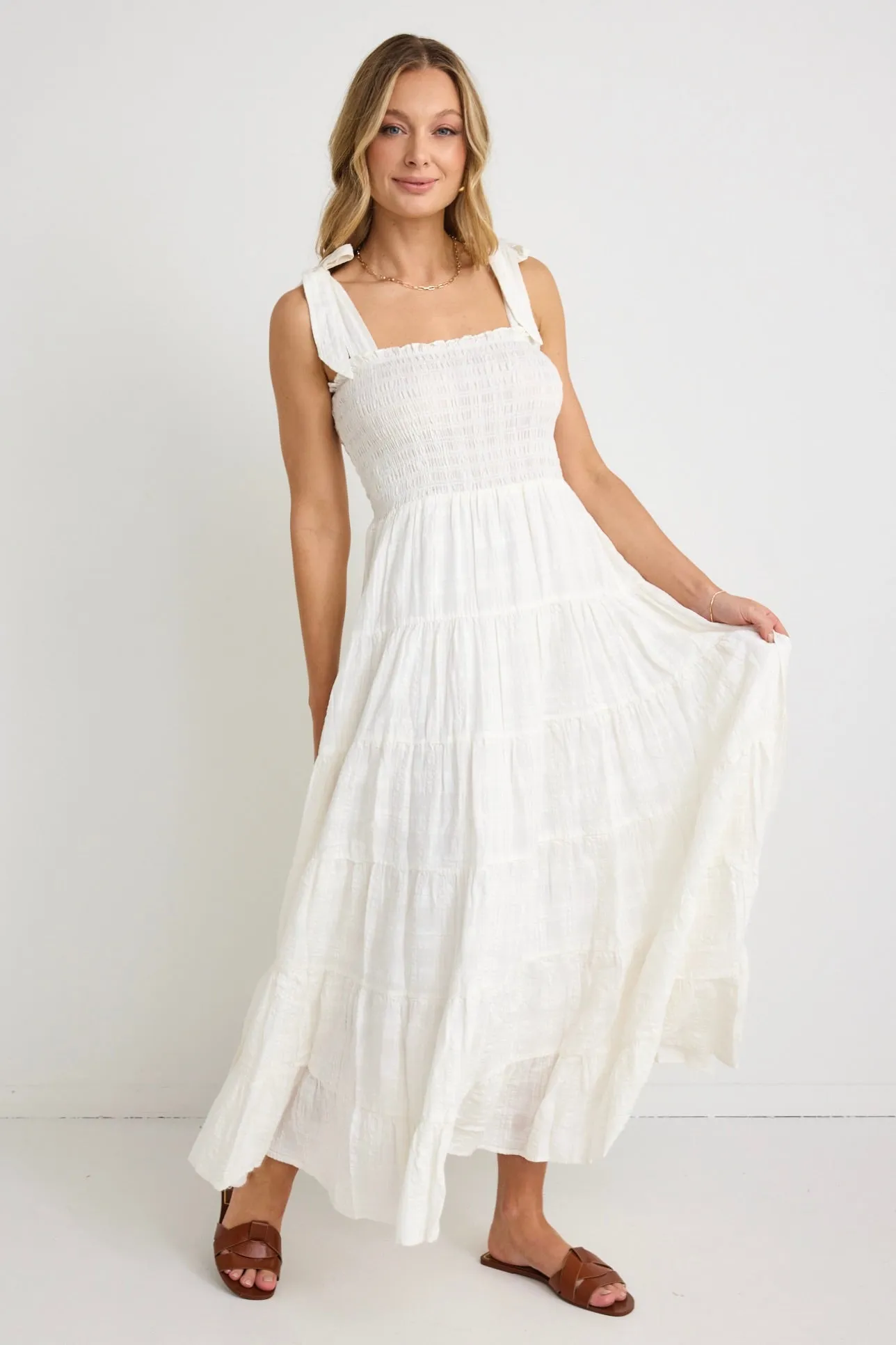 Isabella White Texture Strappy Tiered Maxi Dress