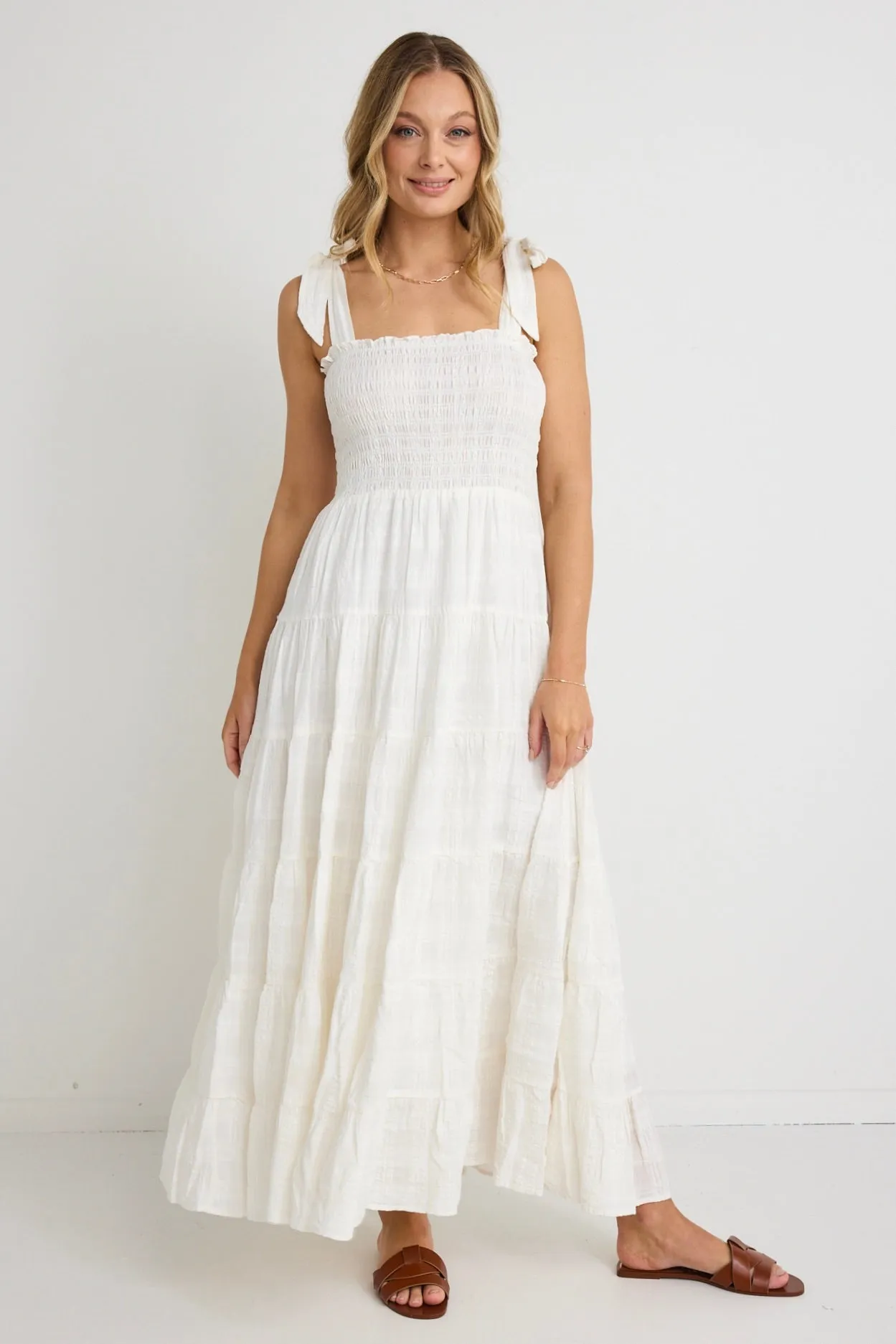 Isabella White Texture Strappy Tiered Maxi Dress